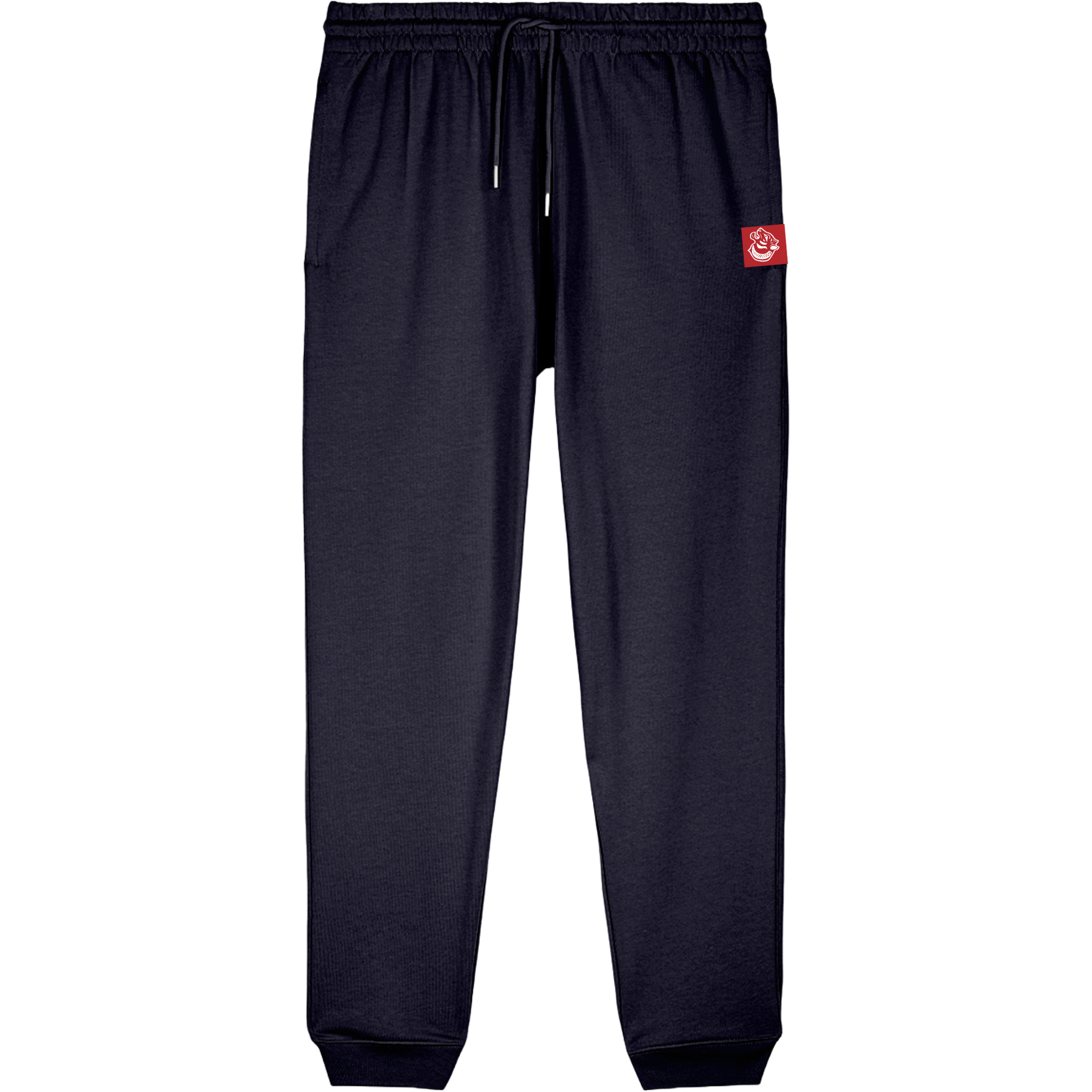Navy FF Capsule cuffed joggers showing rear welt pocket and metal-tipped drawcord, embodying minimalist streetwear.  Organic Cotton 320GSM mid-heavy weight.  