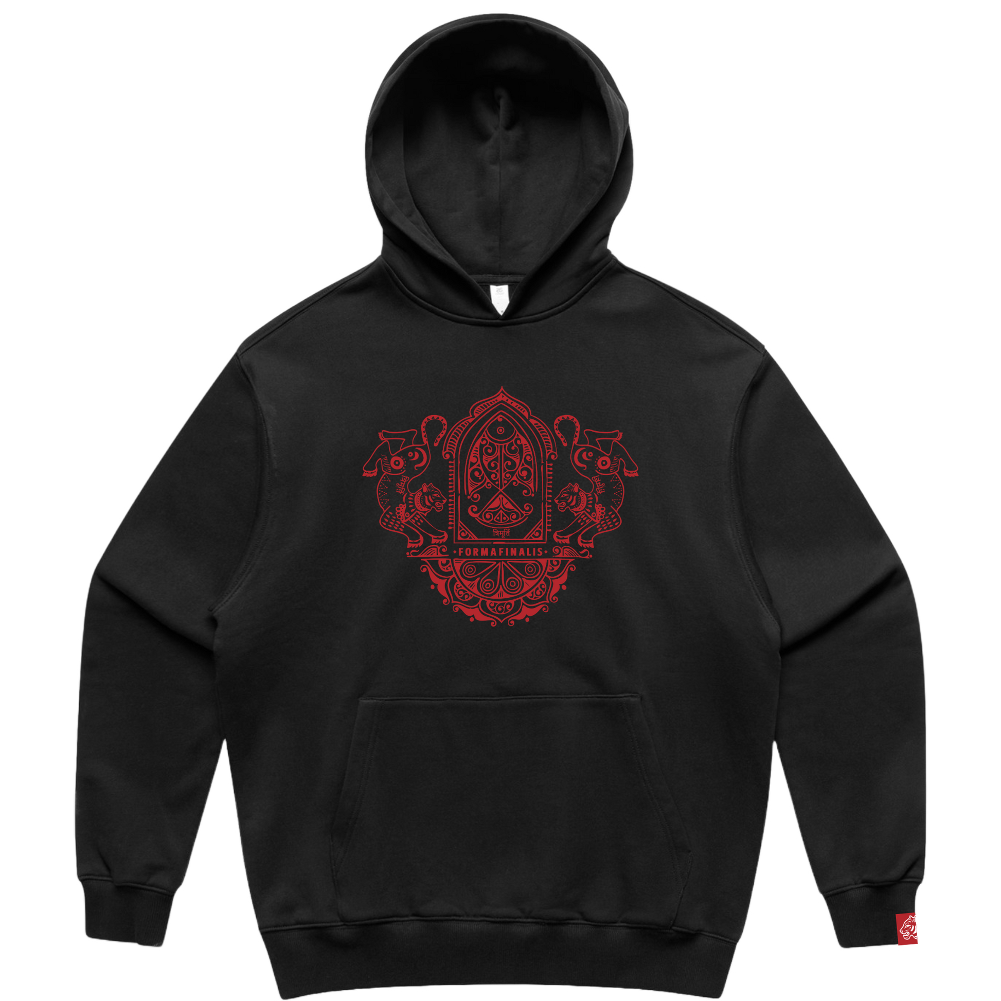 Heavy Weight Cotton Hoodie.  Black hoodie with red embroidery.  Large embroidered ornate  twin tiger motif on front, discreet FormaFinalis word mark embroidered on back.     