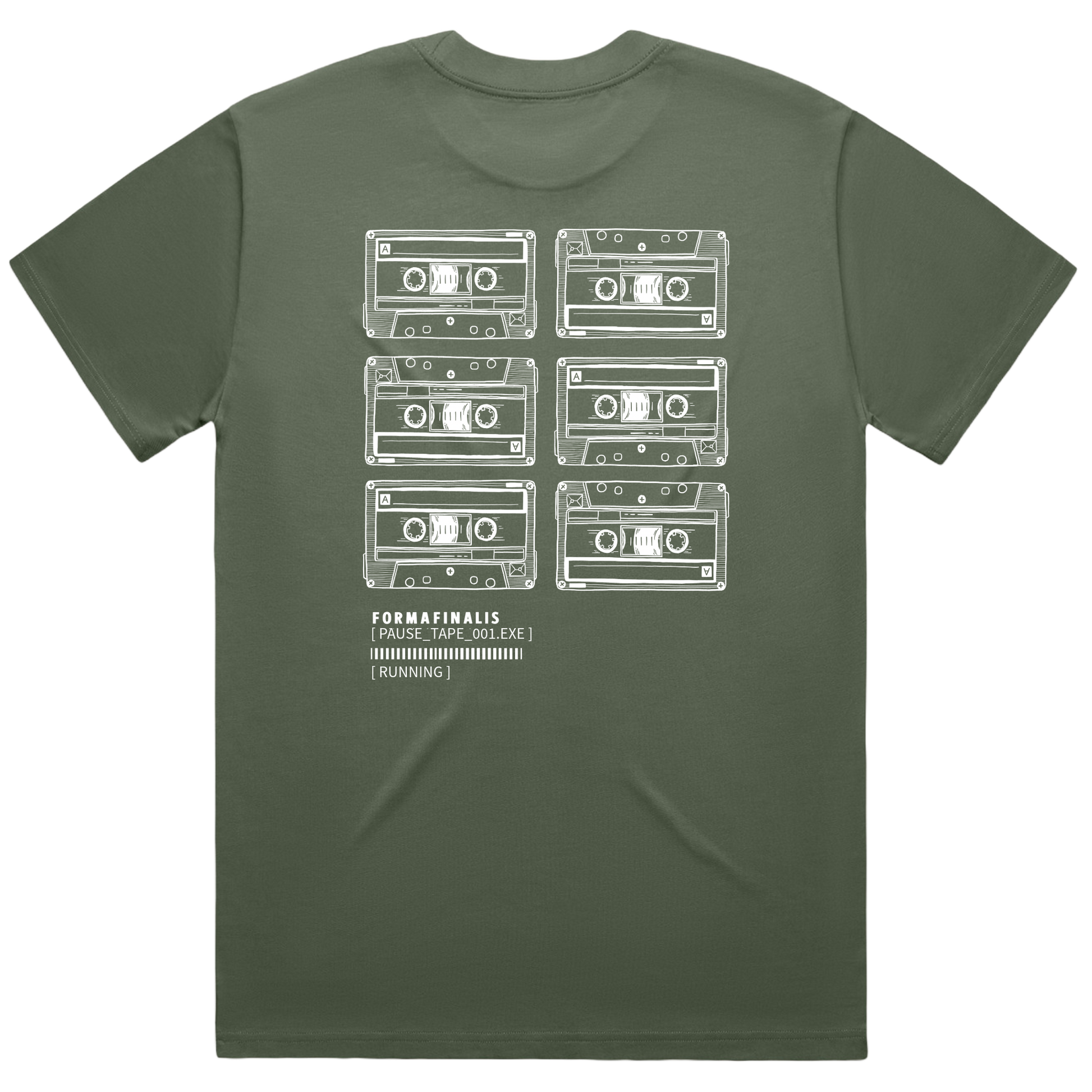 Back view – Cypress Green T-shirt with stacked cassette print honouring DIY pause tape loops on back. Heavy-weight 240gsm, 100% carded cotton, oversized fit. 