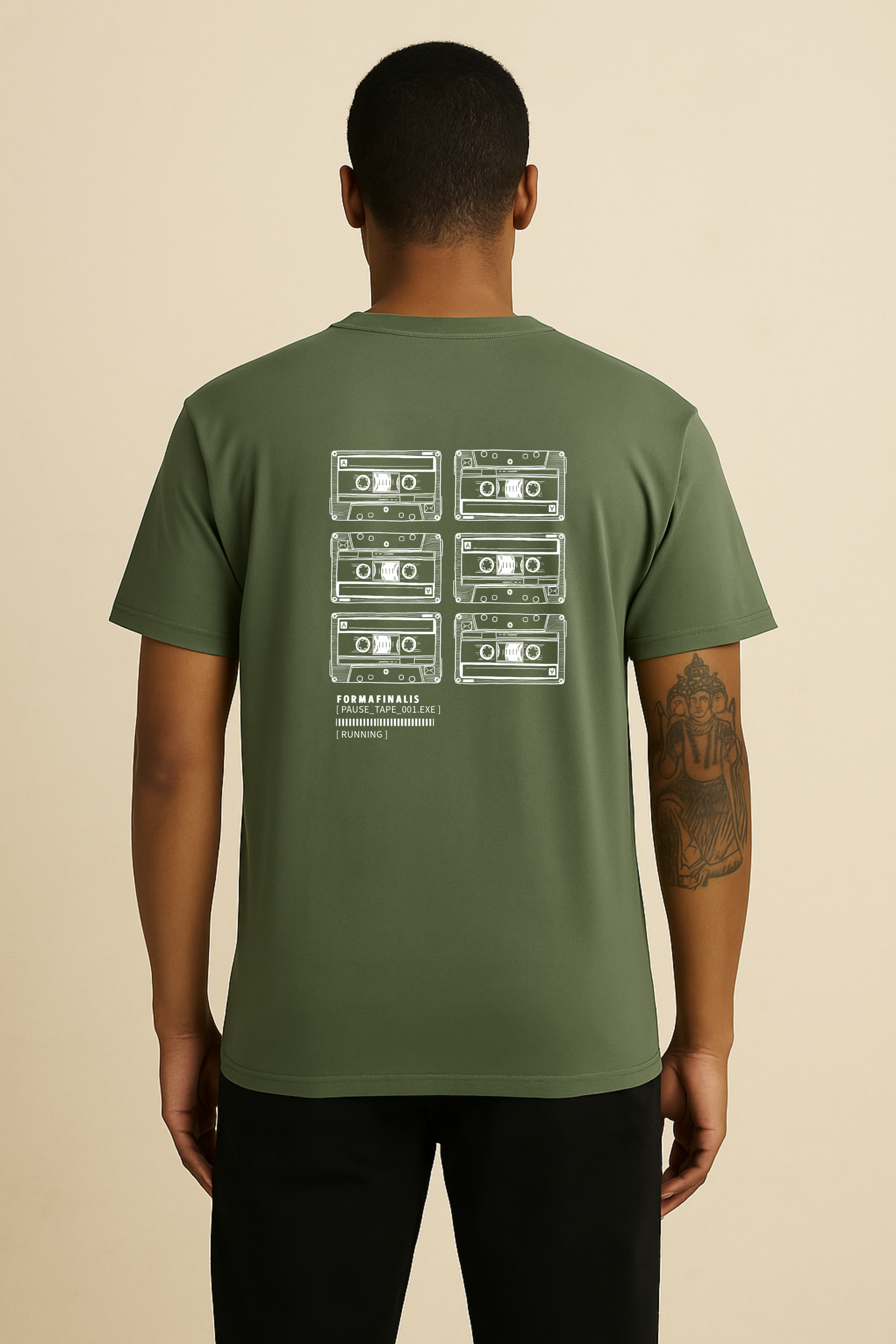 Back view – Cypress Green T-shirt with stacked cassette print honouring DIY pause tape loops on back. Heavy-weight 240gsm, 100% carded cotton, oversized fit. 
