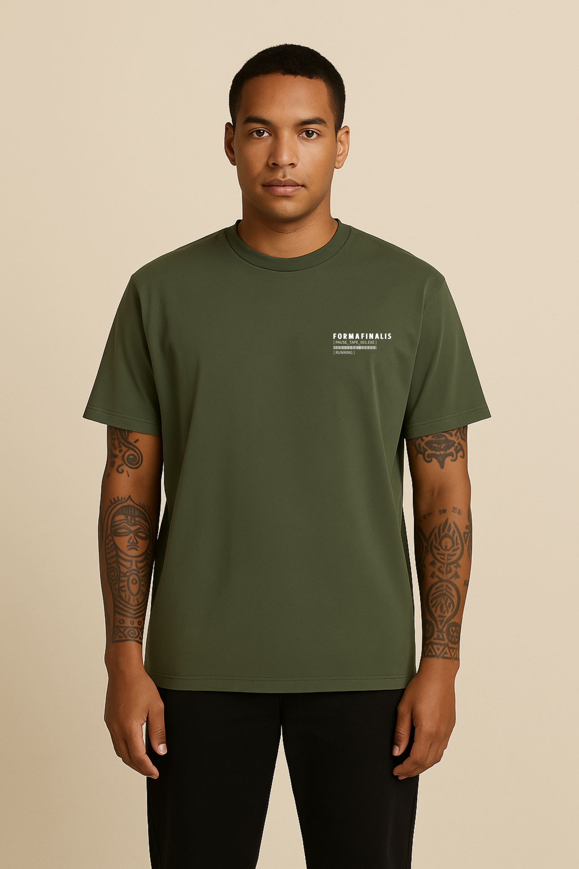 Front view – Cypress Green Pause Tape graphic tee with FormaFinalis Pause Tape wordmark logo on left chest. Heavy-weight 240gsm, 100% carded cotton, oversized fit. 

