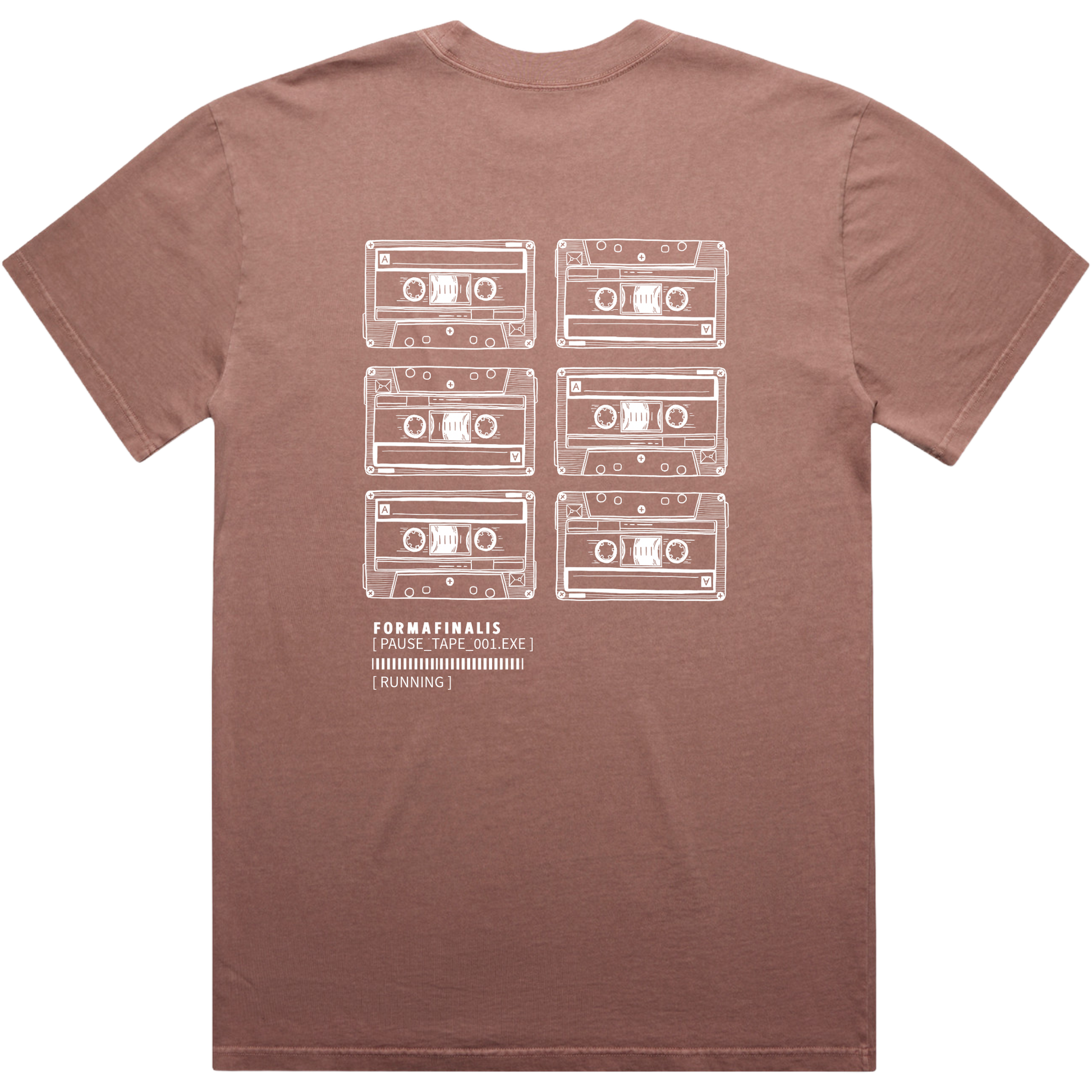 Back view – Faded Pink T-shirt with stacked cassette print honouring DIY pause tape loops on back. Heavy weight 240gsm, 100% carded cotton, oversized fit. 
