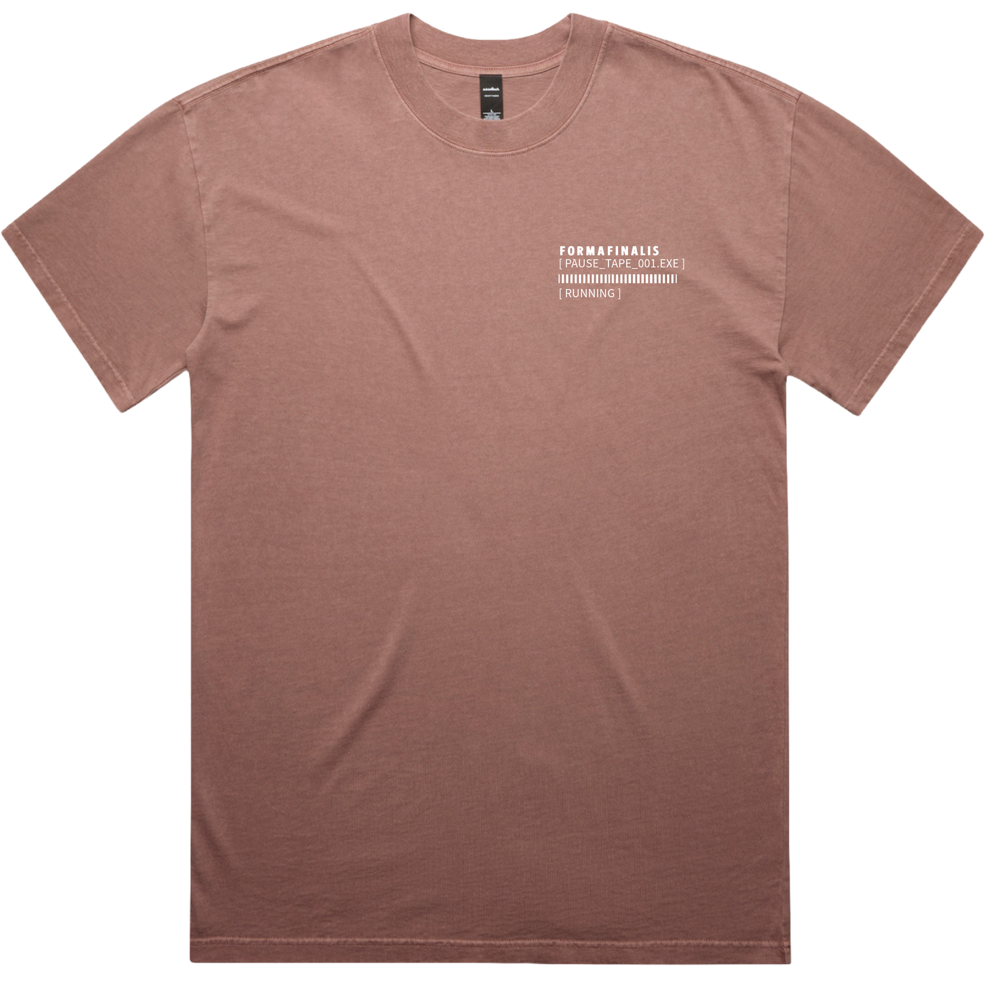 Front view – Faded Pink Pause Tape graphic tee with FormaFinalis Pause Tape wordmark logo on left chest. Heavy weight 240gsm, 100% carded cotton, oversized fit. 
