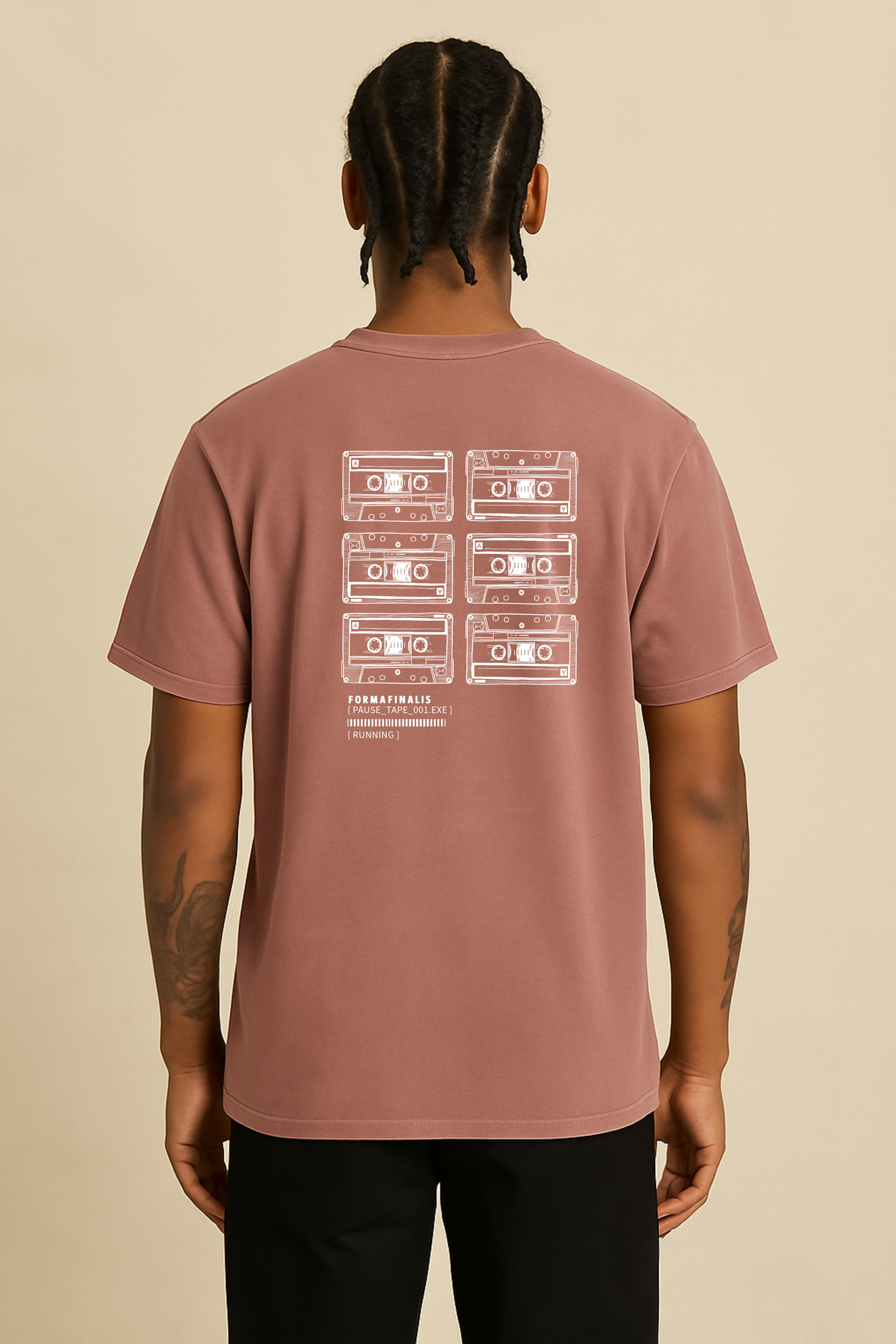 Back view – Faded Pink T-shirt with stacked cassette print honouring DIY pause tape loops on back. Heavy weight 240gsm, 100% carded cotton, oversized fit. 

