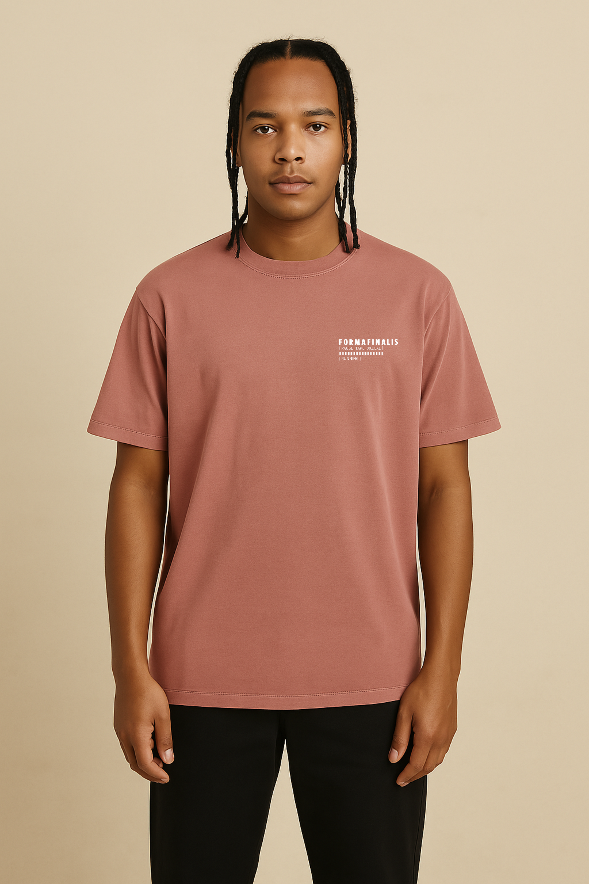 Front view – Faded Pink Pause Tape graphic tee with FormaFinalis Pause Tape wordmark logo on left chest. Heavy weight 240gsm, 100% carded cotton, oversized fit. 
