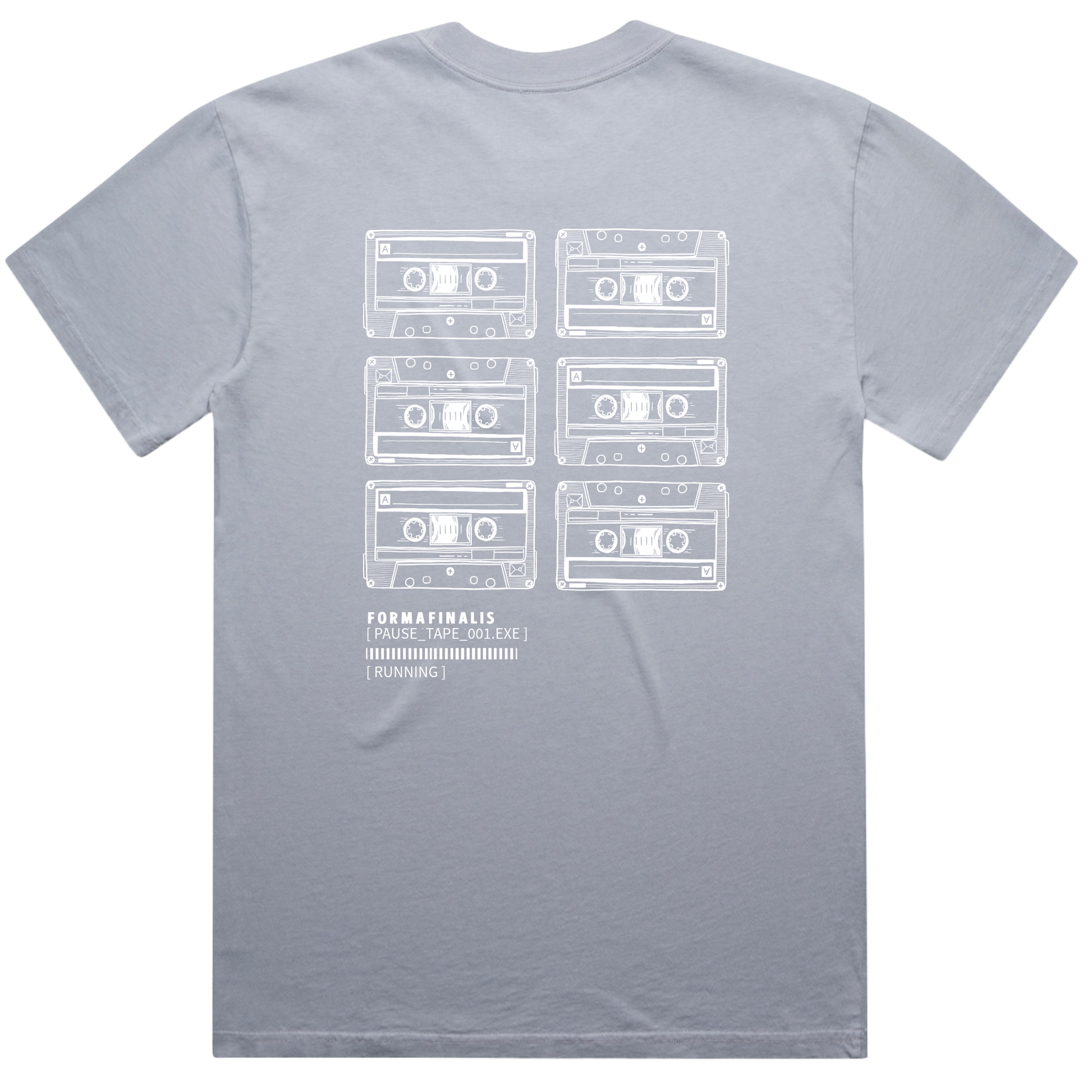 Back view – Powder Blue T-shirt with stacked cassette print honouring DIY pause tape loops on back. Heavy-weight 240gsm, 100% carded cotton, oversized fit. 
