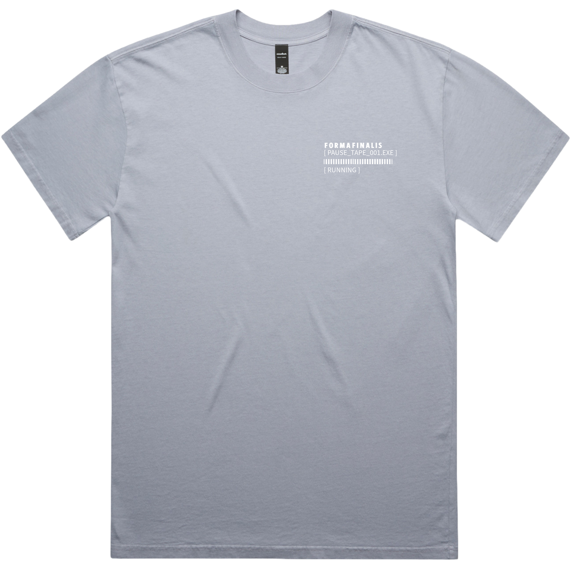 Front view – Powder Blue Pause Tape graphic tee with FormaFinalis Pause Tape wordmark logo on left chest. Heavy-weight 240gsm, 100% carded cotton, oversized fit. 