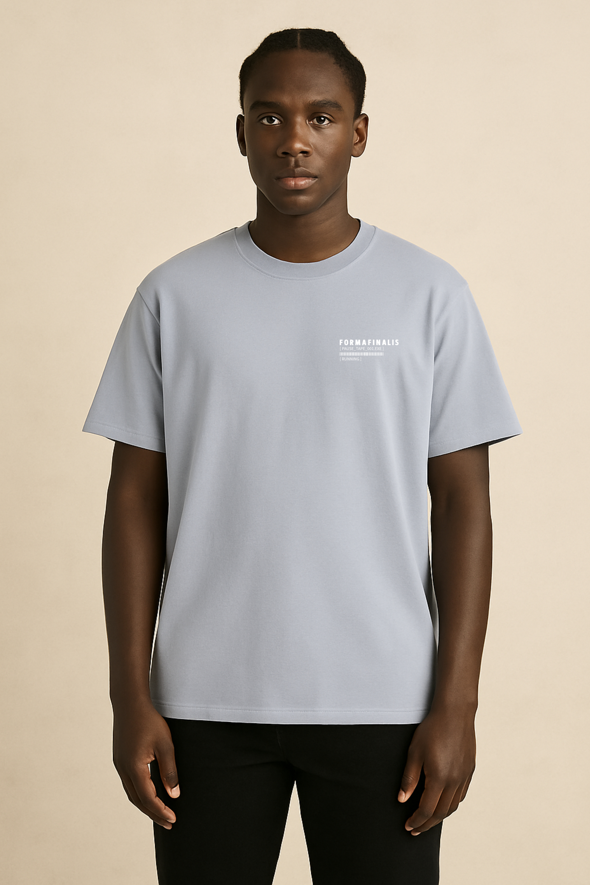 Front view – Powder Blue Pause Tape graphic tee with FormaFinalis Pause Tape wordmark logo on left chest. Heavy-weight 240gsm, 100% carded cotton, oversized fit. 