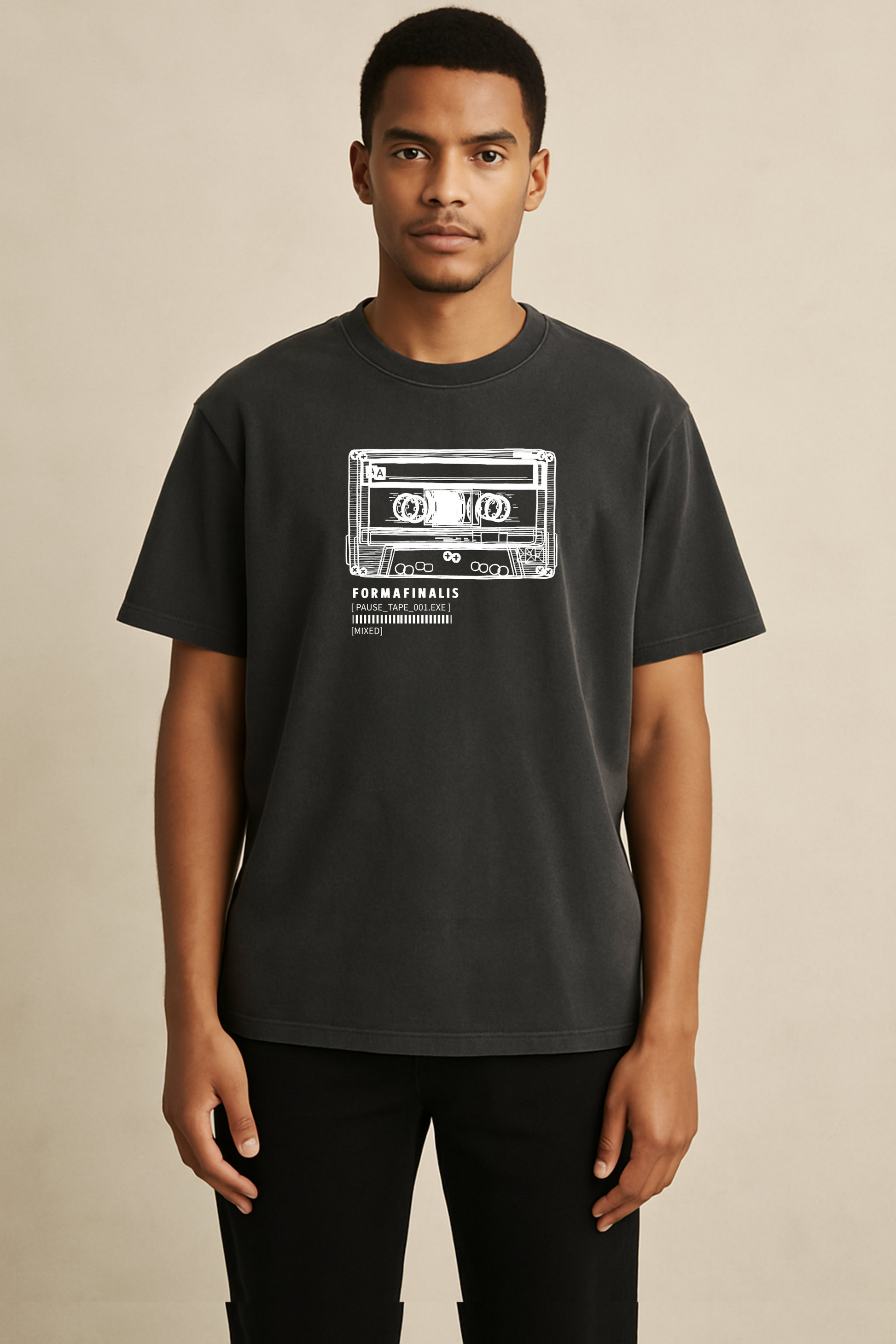 Faded Black Pause Tape Graphic Tee shirt.  Premium Heavy Weight Tee, 240gsm, with relaxed oversized fit and retro 'Blurred' mixtape inspired graphic design.