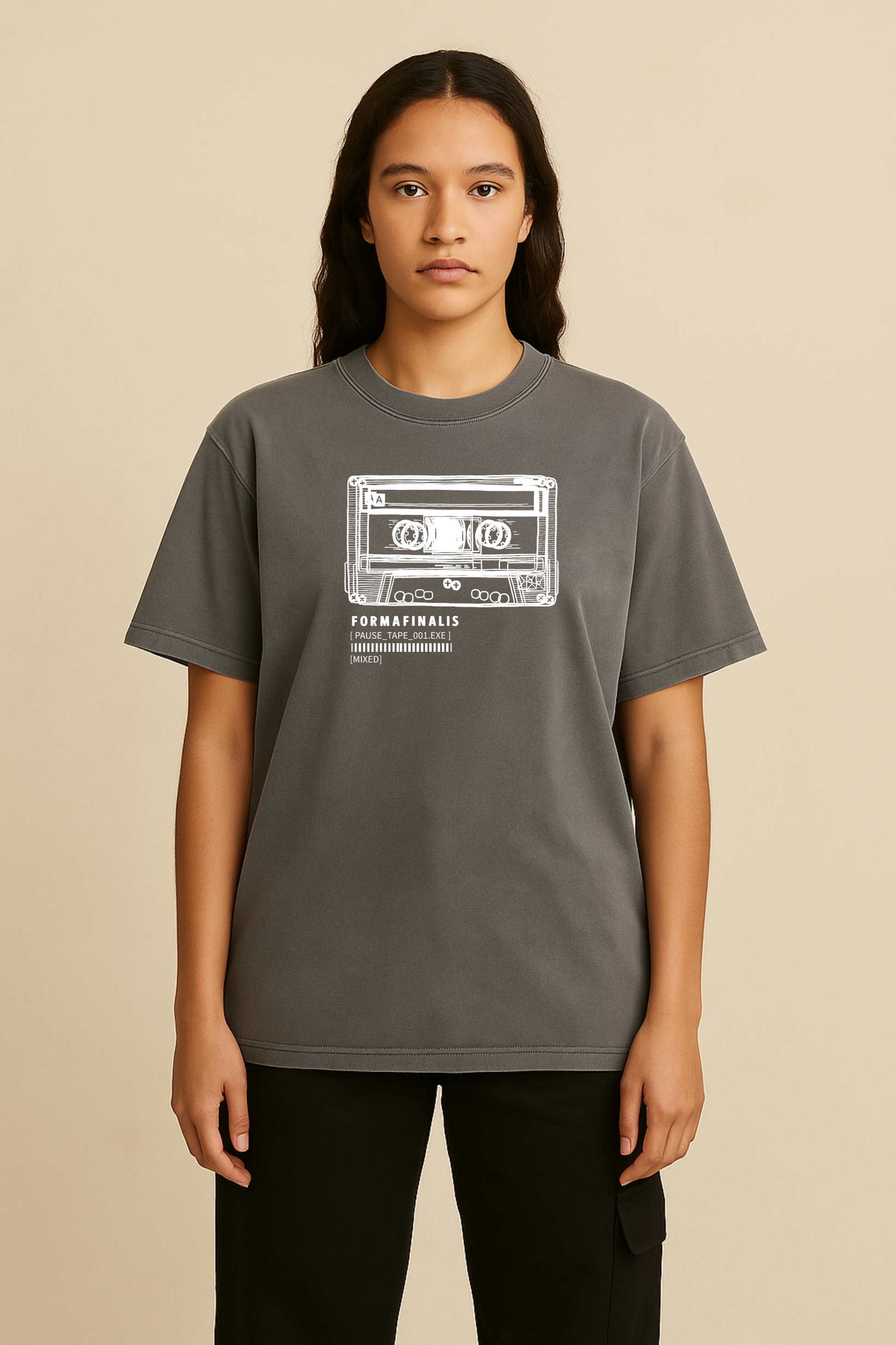 Faded Grey Pause Tape Graphic Tee shirt.  Premium Heavy Weight Tee, 240gsm, with relaxed oversized fit and retro 'Blurred' mixtape inspired graphic design.