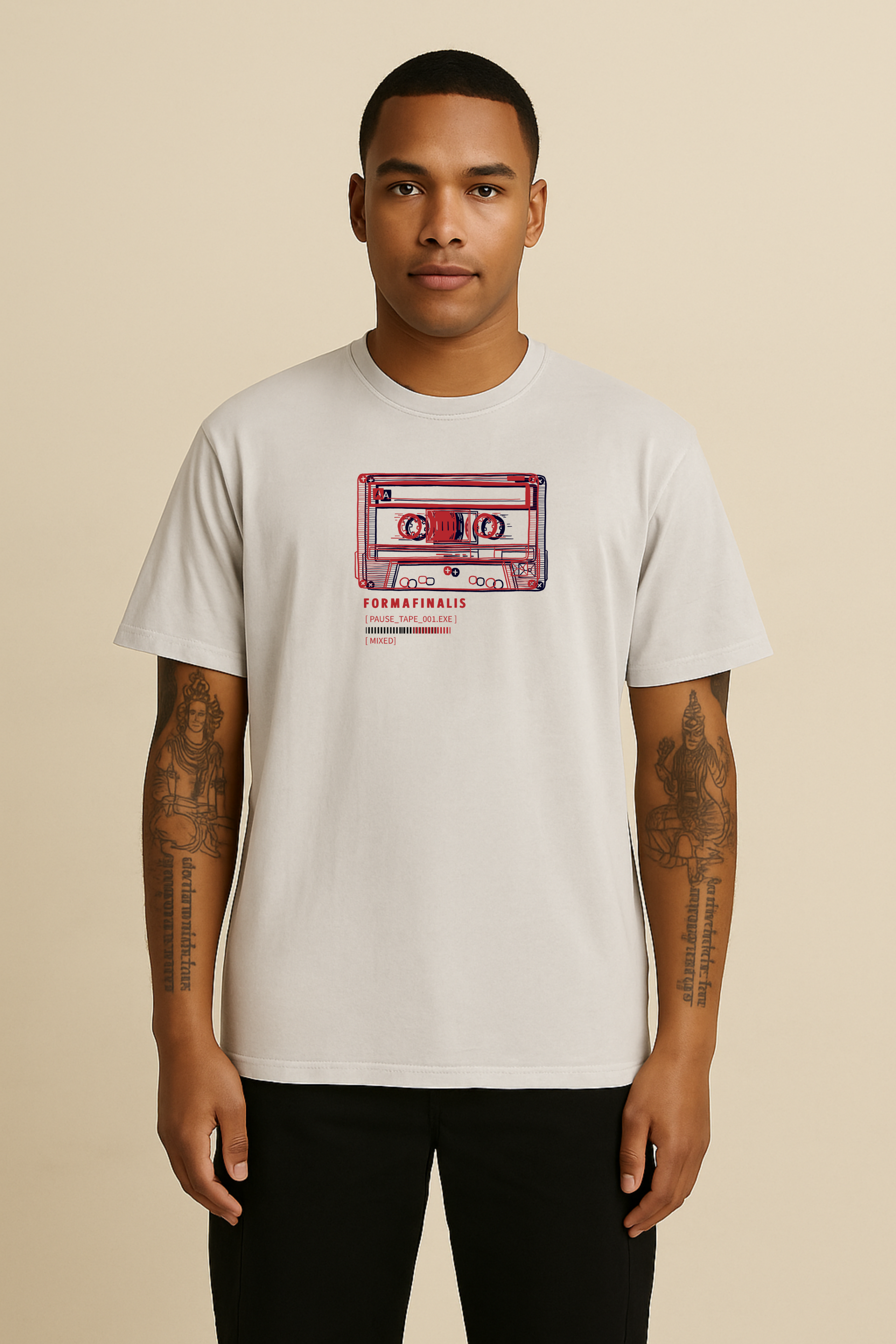 Faded White Pause Tape Graphic Tee shirt.  Premium Heavy Weight Tee, 240gsm, with relaxed oversized fit and retro 'Blurred' mixtape inspired graphic design.
