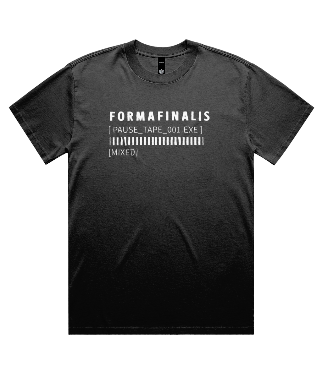 Faded black Pause Tape Wordmark tee – minimalist brutalist design with oversized fit and barcode print.  100% 240gsm cotton with relaxed  oversized fit.
