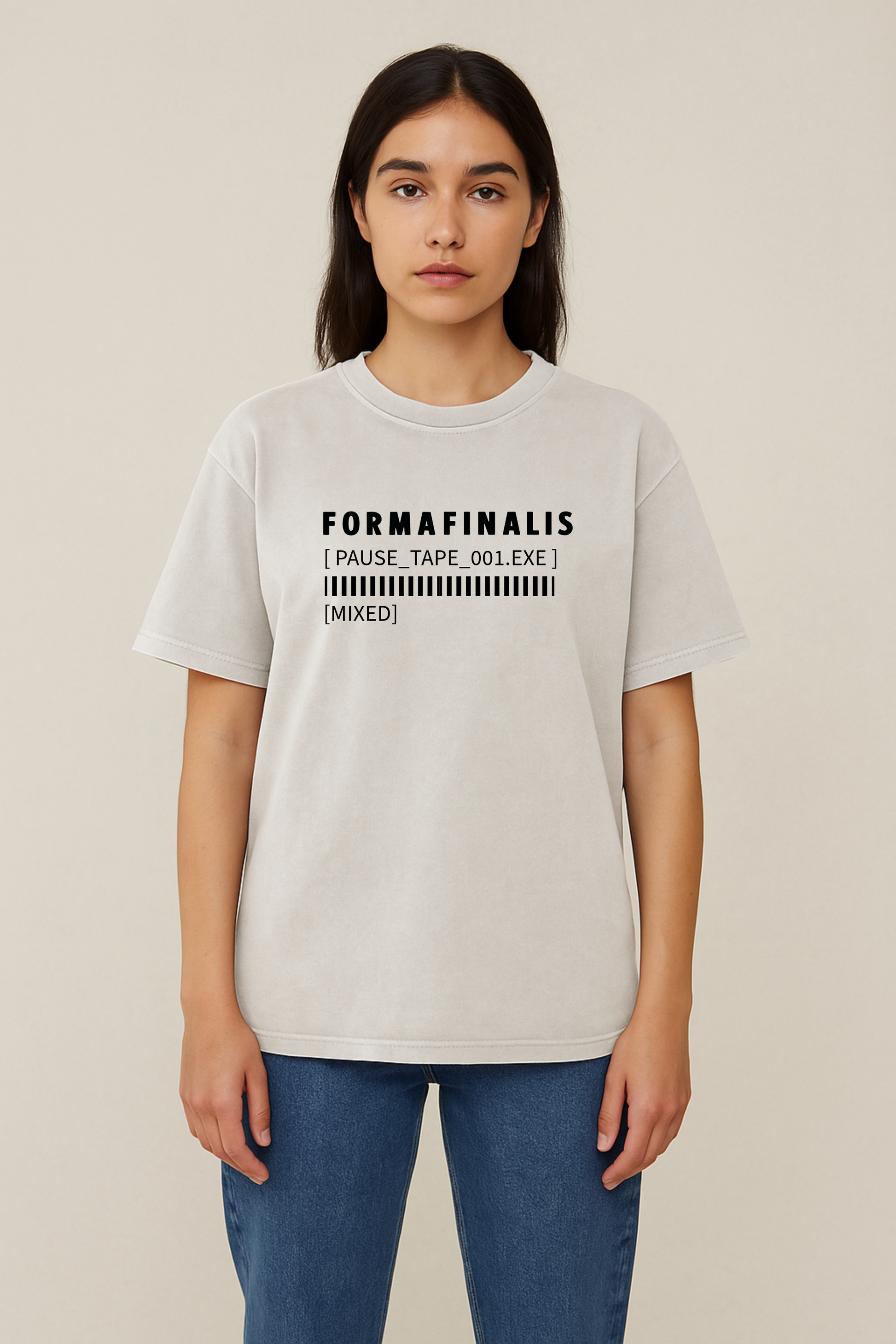 Model wears faded white Pause Tape Wordmark tee in Small– minimalist brutalist design with oversized fit and barcode print.  100% 240gsm cotton with relaxed  oversized fit.
