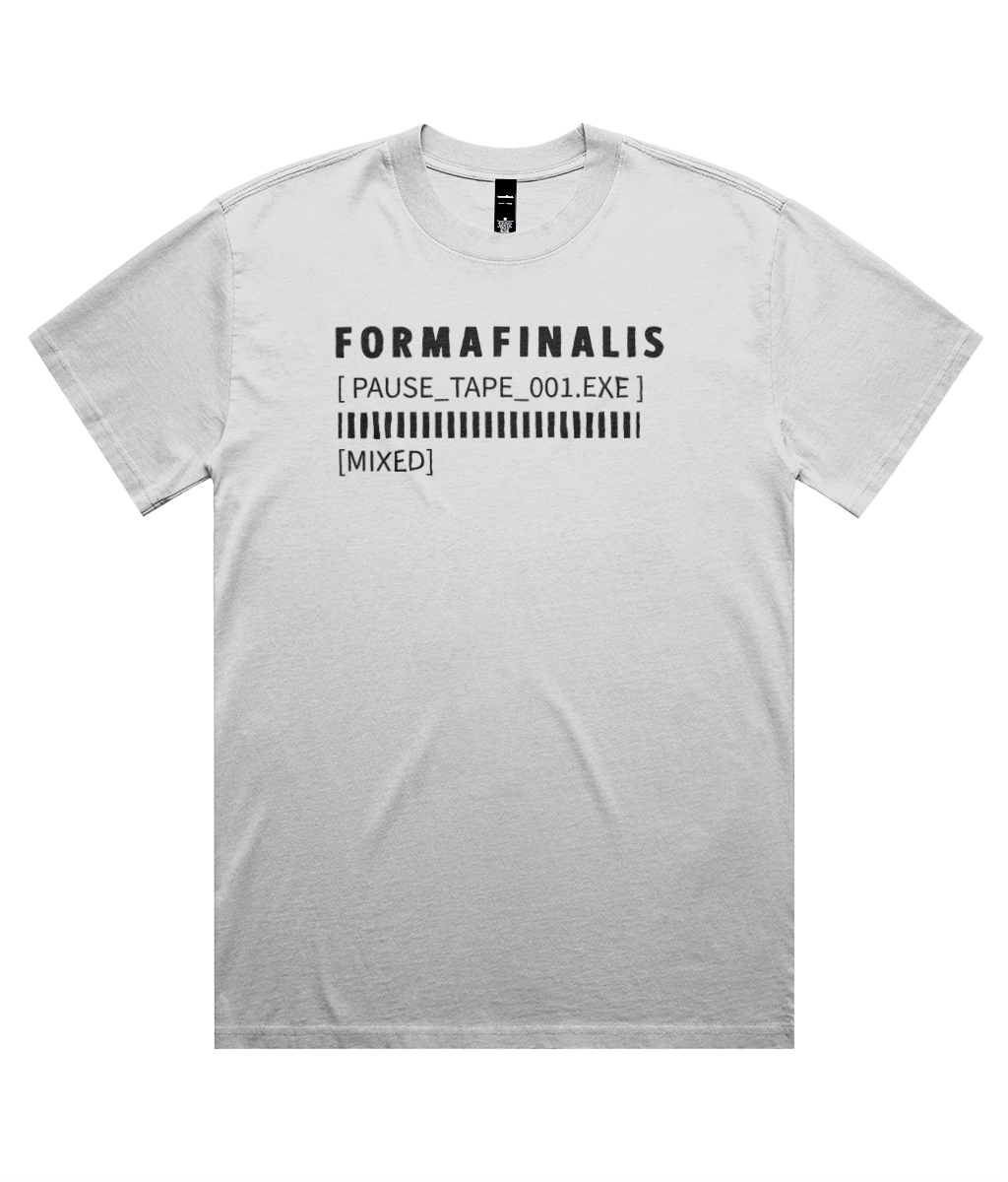 Faded white Pause Tape Wordmark tee – minimalist brutalist design with oversized fit and barcode print.  100% 240gsm cotton with relaxed  oversized fit.