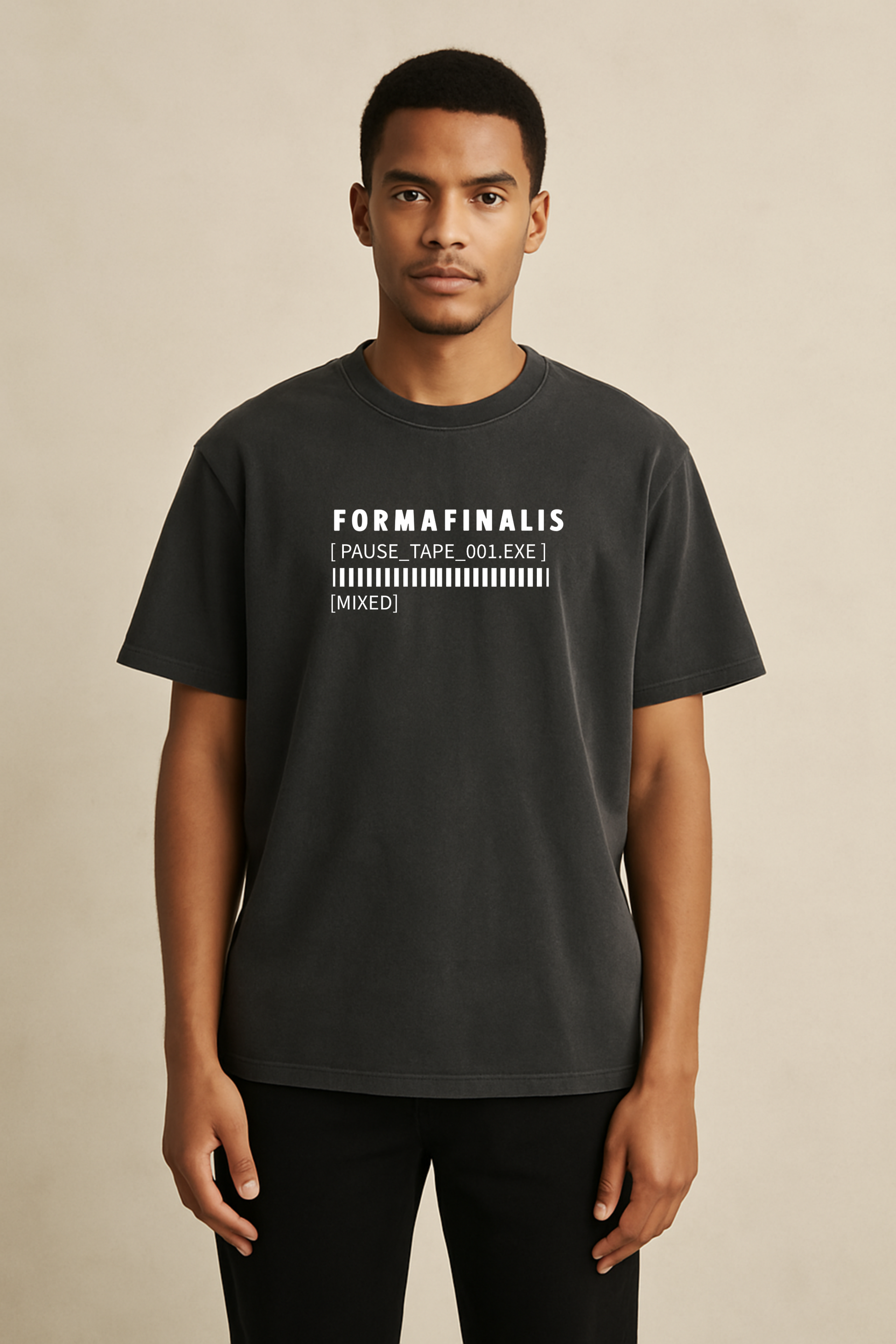 Model wears faded white Pause Tape Wordmark tee in Large– minimalist brutalist design with oversized fit and barcode print.  100% 240gsm cotton with relaxed  oversized fit.