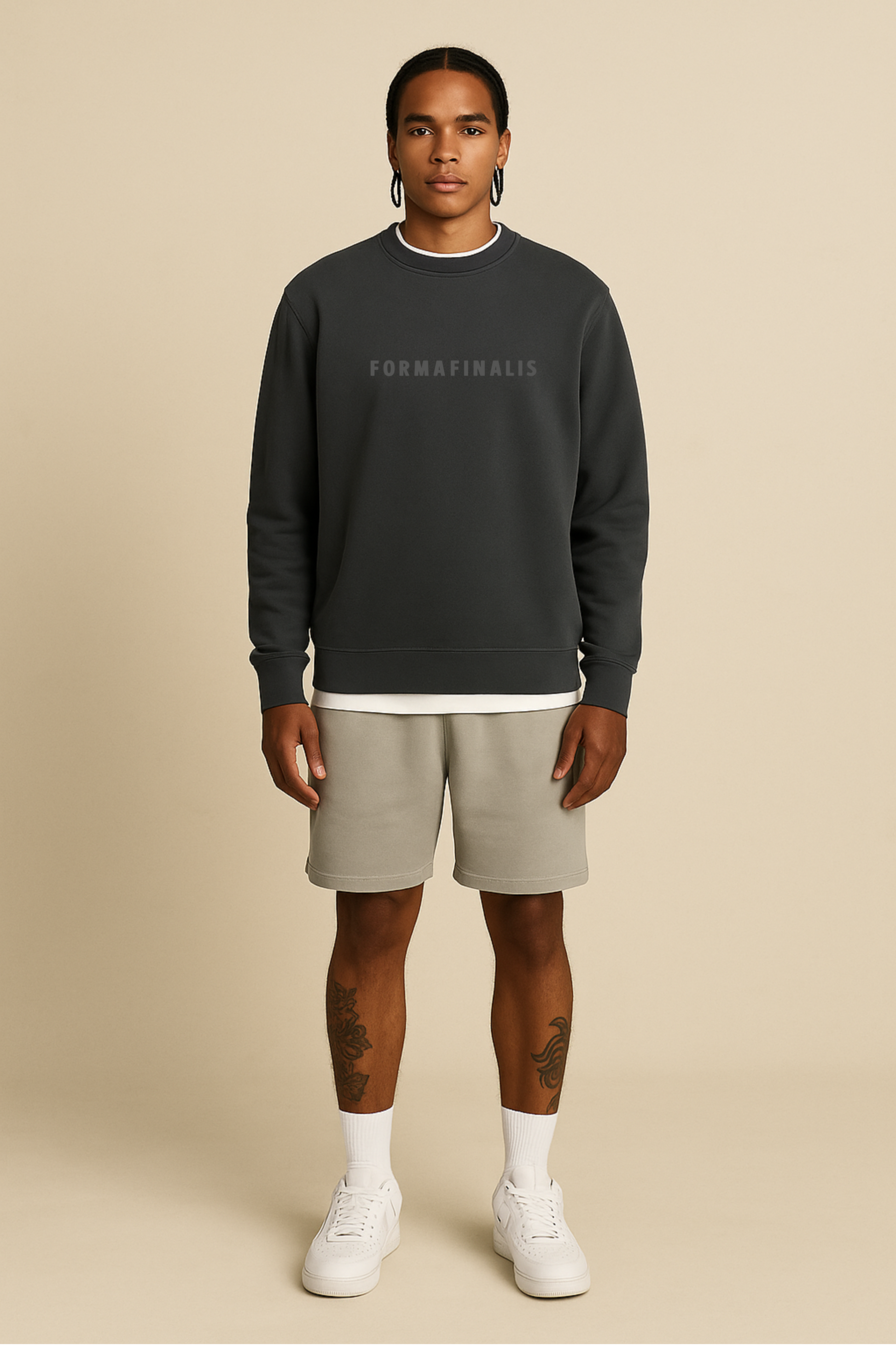 Relax Faded Track Shorts 18″ in Faded Bone on model — relaxed fit, 320 GSM midweight fleece with elastic waistband. 80% Cotton 20% Recycled Polyester.  Paired with SS25 Pause Tape Relax Crew in Shadow. 