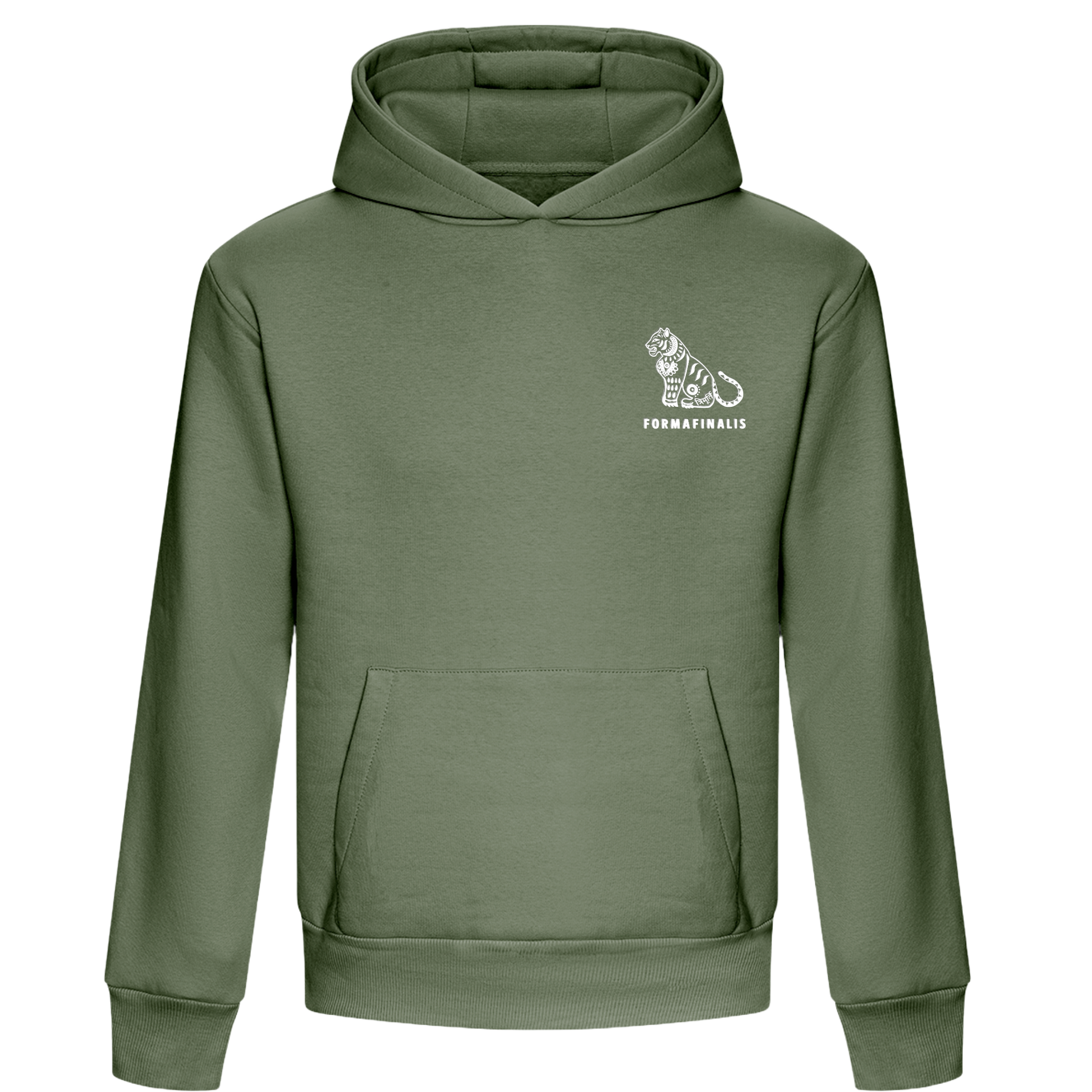Khaki Green heavy weight oversized hoodie with a logo on the chest and FormaFinalis wordmark embroidered on back