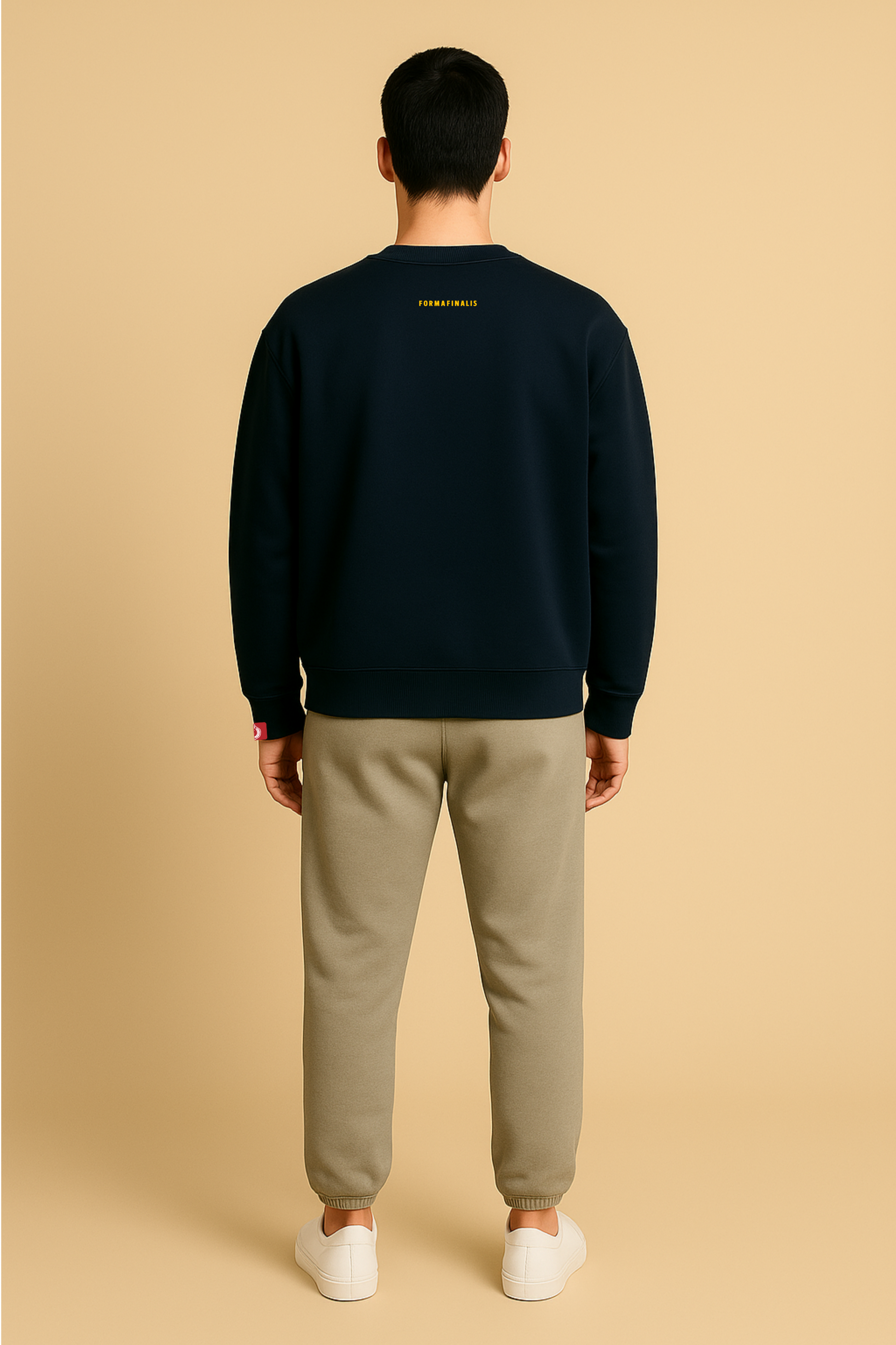 Model wears - Classic Logo Sweatshirt – French Navy – Embroidered Golden Tiger crest front on left chest  – Embroidered FormaFinalis wordmark back neck line
- Oversized Streetwear Crewneck – 440GSM – cotton mix  cotton mix 