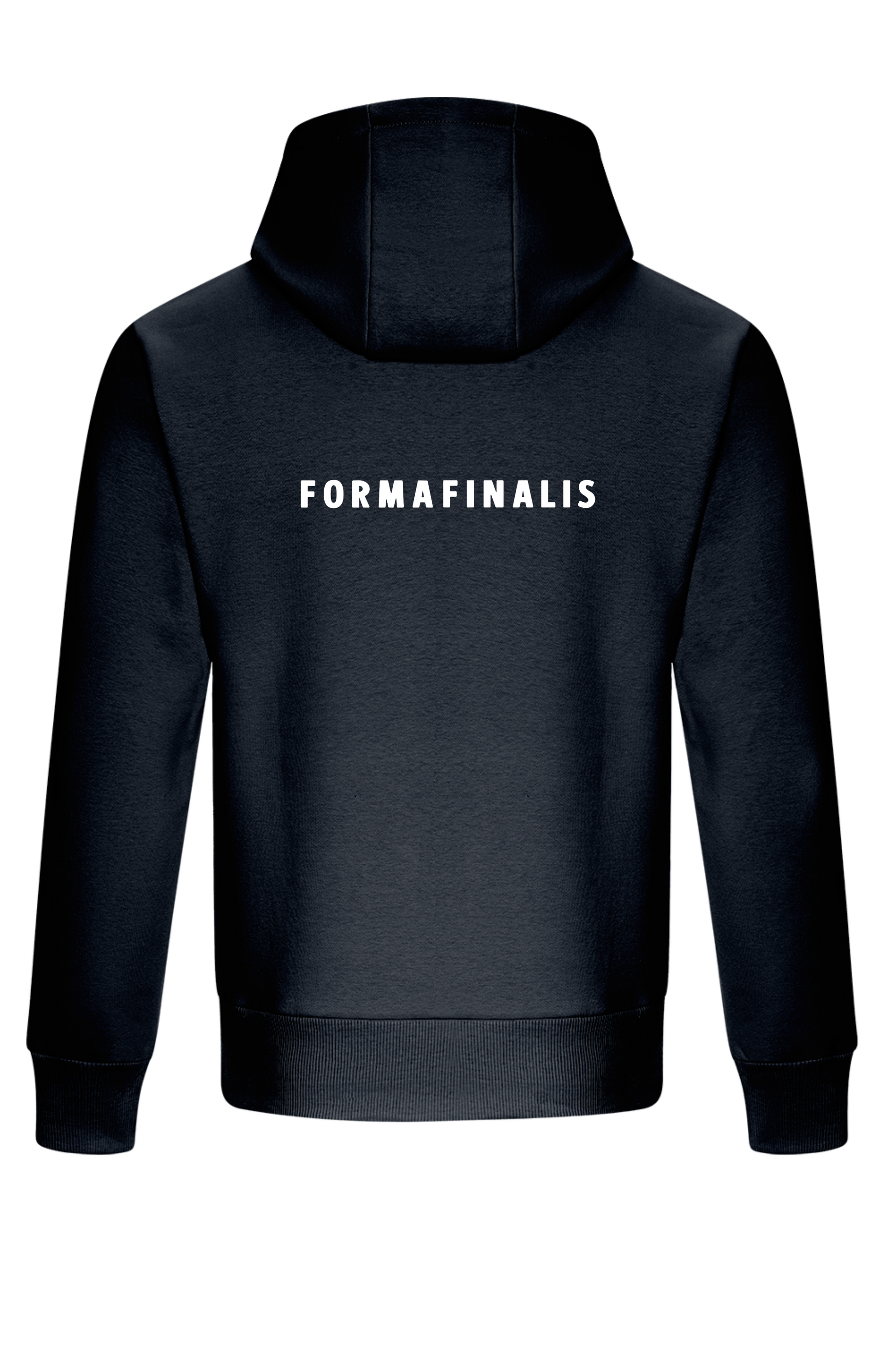 French navy heavy weight oversized hoodie with a logo on the chest and FormaFinalis word-mark embroidered on back