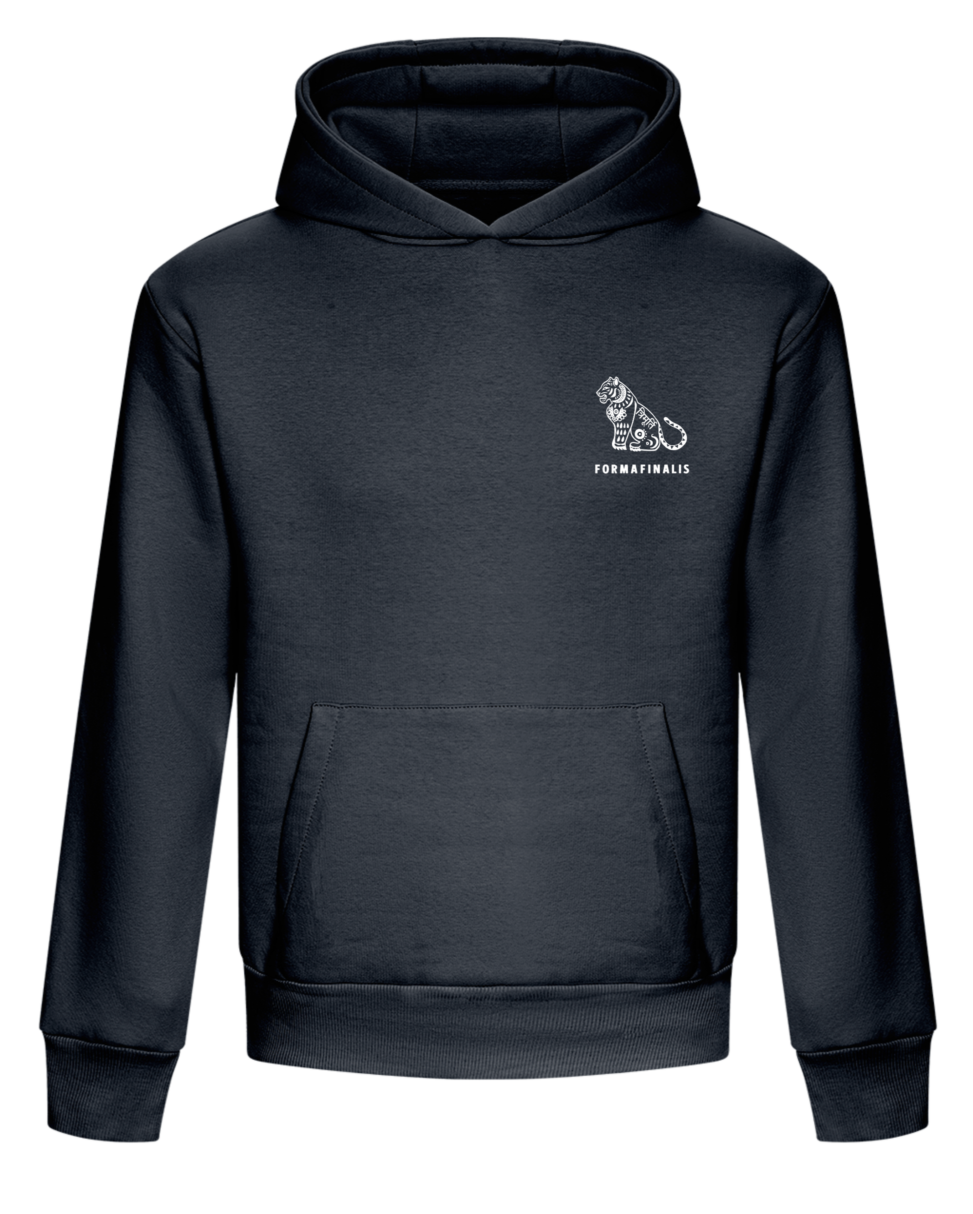 French navy heavy weight oversized hoodie with a logo on the chest and FormaFinalis word-mark embroidered on back