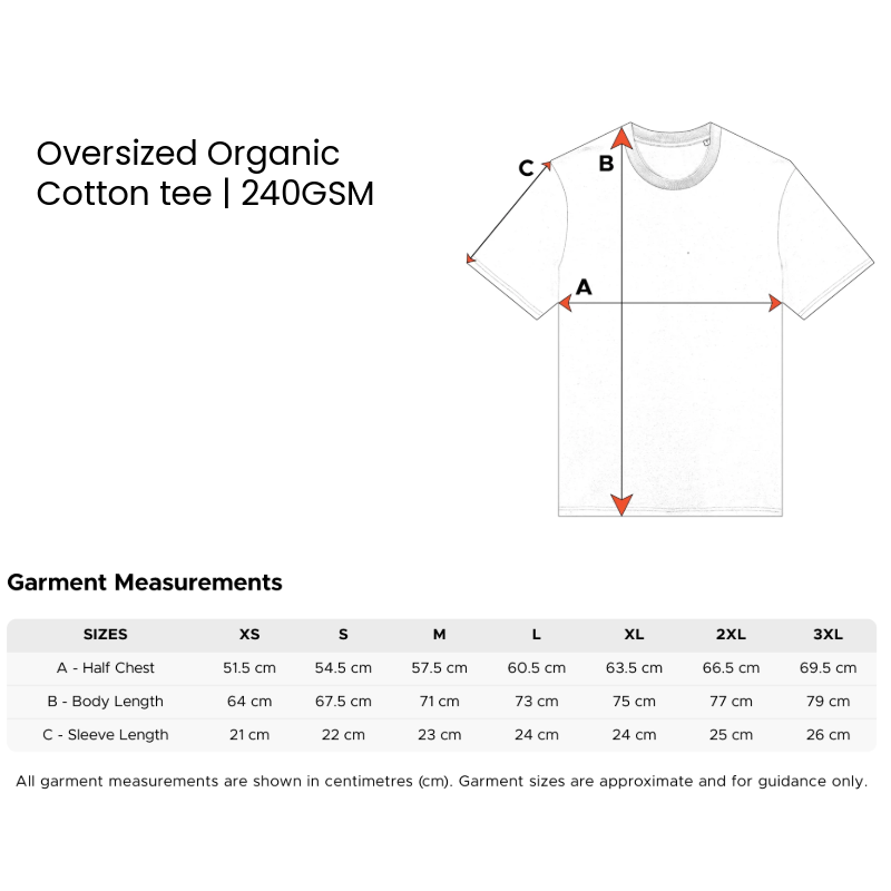 Measurement chart for oversized organic cotton tee with size chart on a white background