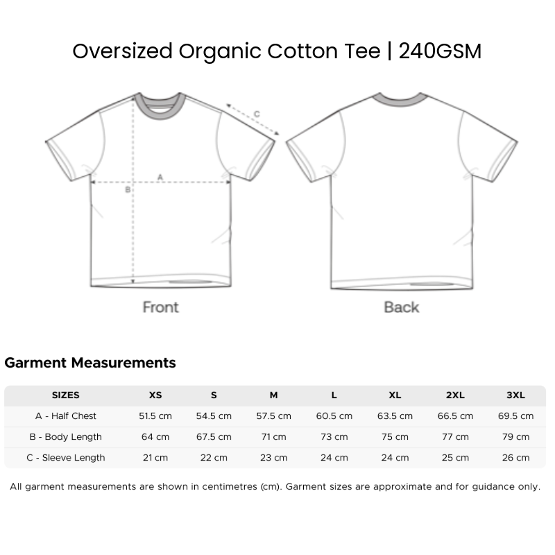 Size guide for oversized graphic tee