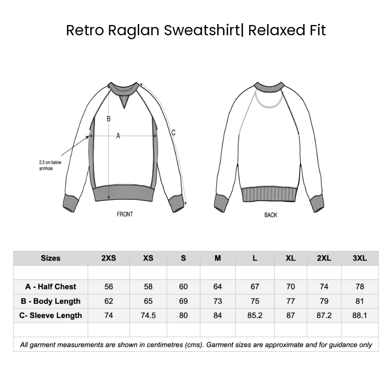 Measurement chart for a retro raglan sweatshirt with front and back views and size chart.