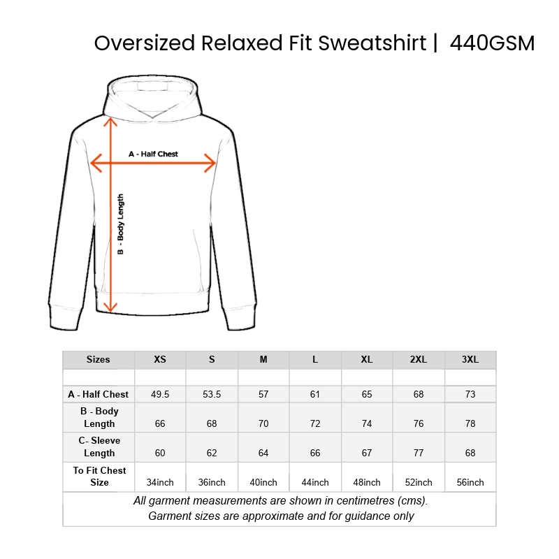 Oversized relaxed fit sweatshirt size chart with measurements on a white background