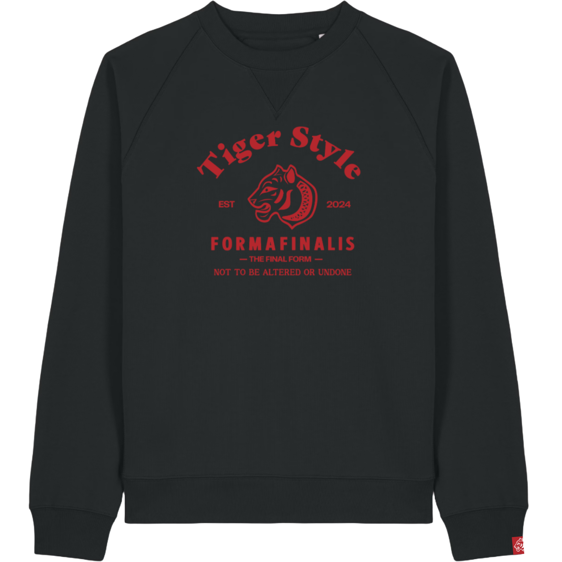 Tiger Style Premium Retro Sweatshirt – Black – Unisex Heavyweight Raglan Crew by FormaFinalis.  Relaxed fit, premium brushed organic cotton.  Large retro inspired  tiger graphic on front panel.