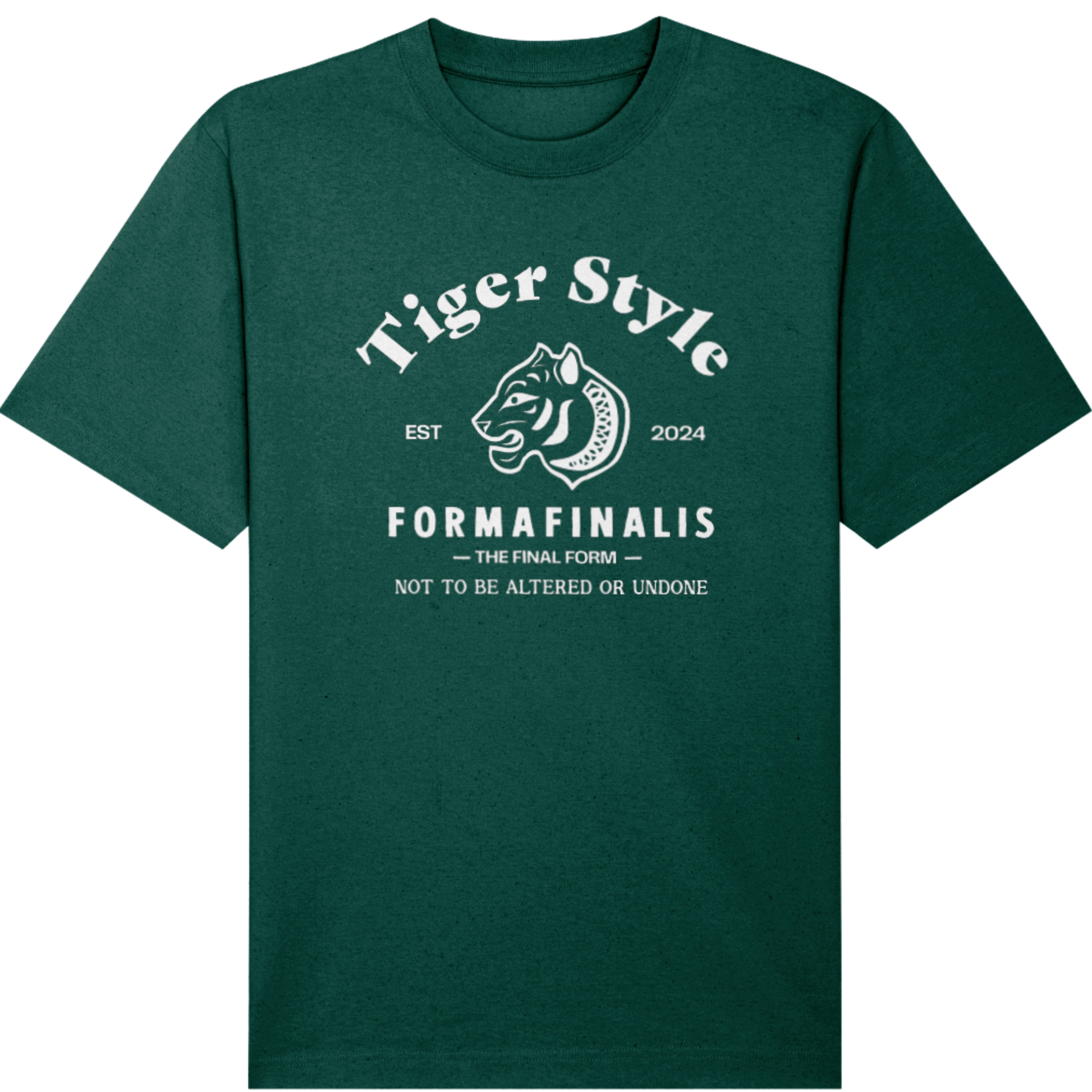 Unisex Heavyweight Tiger T-Shirt – Emerald Green – FormaFinalis Tiger Style Drop. Oversized heavy weight organic cotton in emerald Green with large retro tiger graphic motif on front panel.