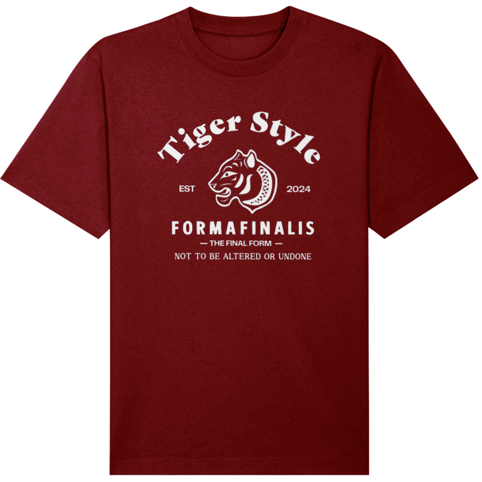 Unisex Heavyweight Tiger T-Shirt – Deep Burgandy Red – FormaFinalis Tiger Style Drop. Oversized heavy weight organic cotton in deep Burgandy red with large white retro tiger graphic motif on front panel.