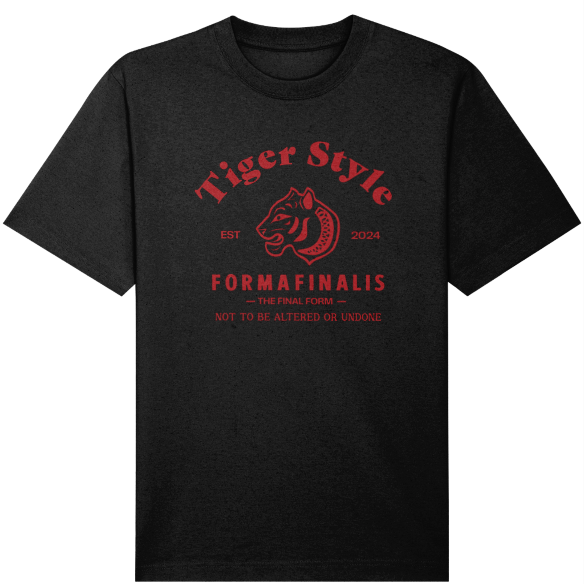 Unisex Heavyweight Tiger T-Shirt – Deep Burgandy Red – FormaFinalis Tiger Style Drop. Oversized heavy weight organic cotton in deep Burgandy red with large white retro tiger graphic motif on front panel.