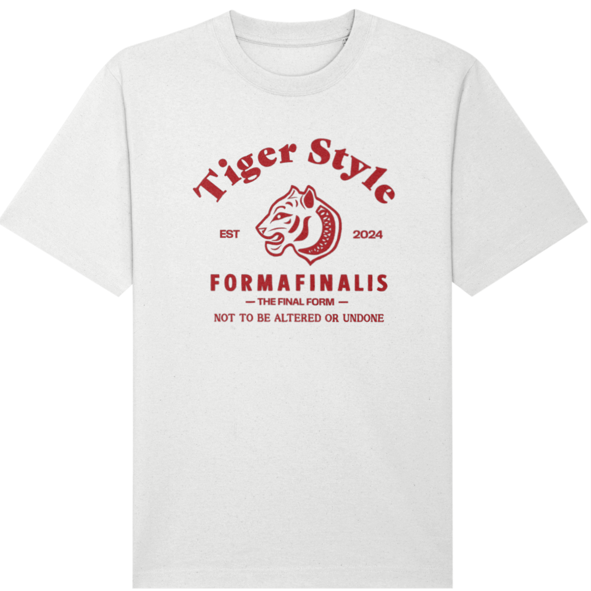 Unisex Heavyweight Tiger T-Shirt – Retro White– FormaFinalis Tiger Style Drop. Oversized heavy weight organic cotton in white with large retro tiger graphic motif on front panel.