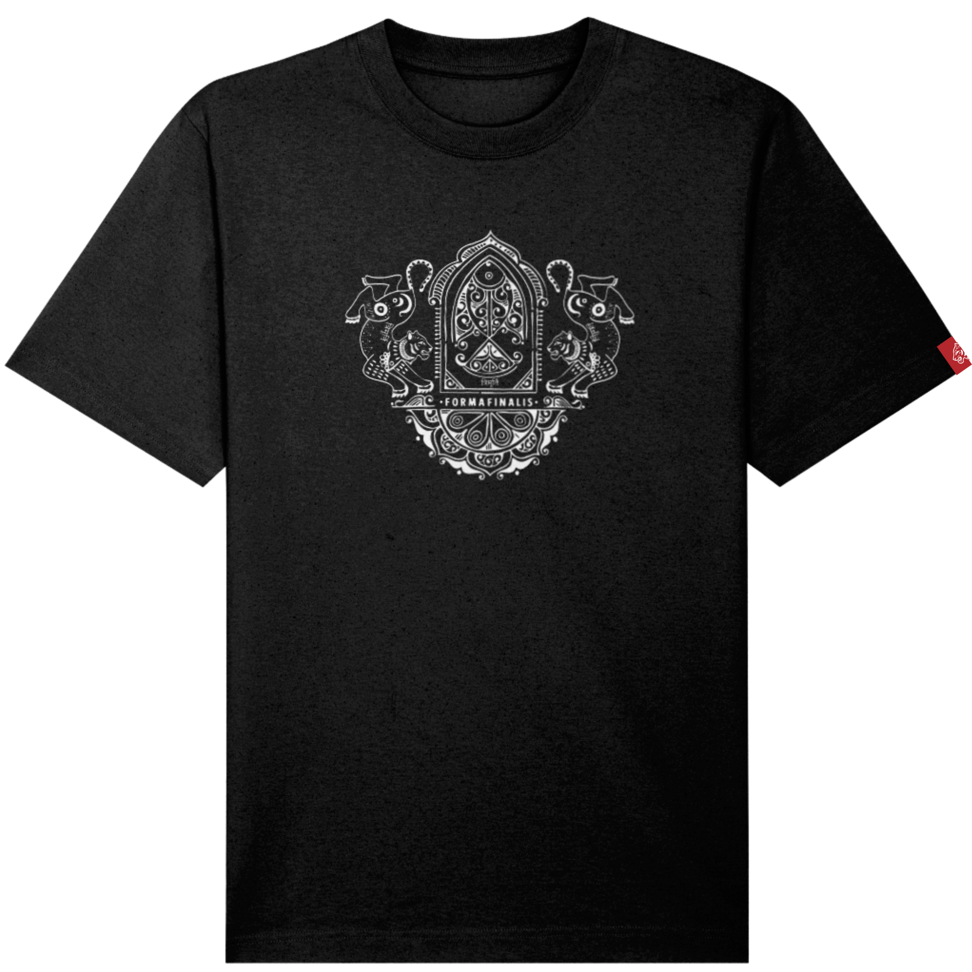 - Large Ornate Twin Tiger Graphic print. Premium T-Shirt – Black – Heavyweight 240GSM Unisex Organic Cotton Streetwear Tee by FormaFinalis.  Embroided Tiger logo left sleeve