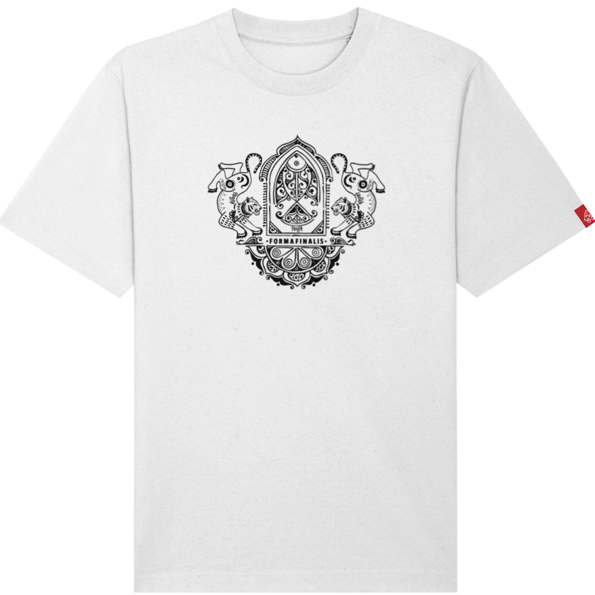 - Large Ornate Twin Tiger Graphic print. Premium T-Shirt – White – Heavyweight 240GSM Unisex Organic Cotton Streetwear Tee by FormaFinalis.  Embroided Tiger logo left sleeve