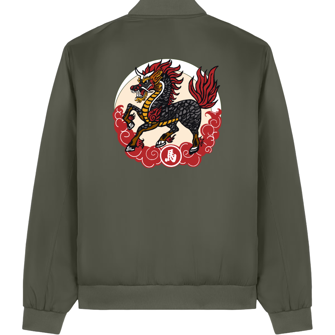 Full-back shot: Intricate Lóng Mǎ embroidery on Khaki Chimera Bomber with red cloud frame