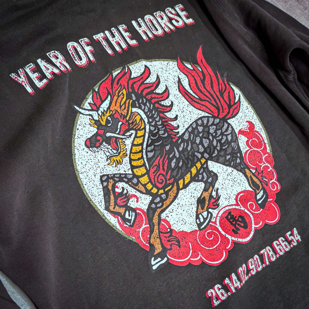 Back Identity: The Lóng Mǎ Chimera graphic print; a cinematic depiction of the dragon-horse framed by the 26th-cycle numeric code.
