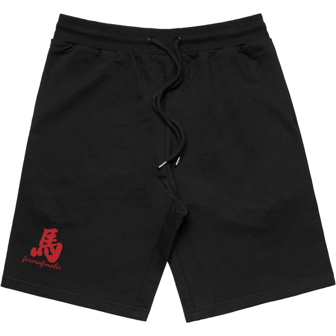 “Year of the Horse Archive Sweat Shorts in Black, detail of 320GSM cotton texture and tonal drawcord”