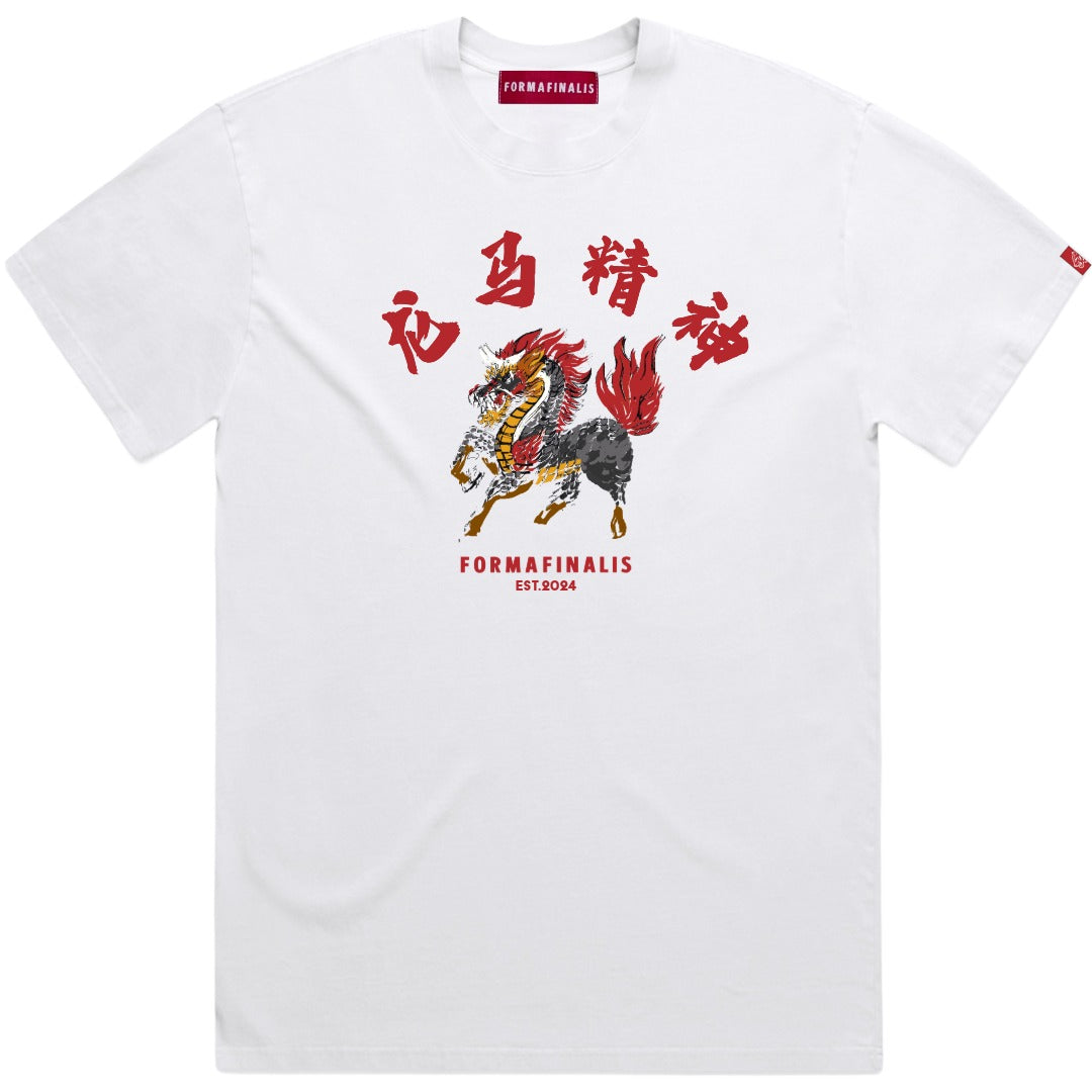 Project Lóng Mǎ Archive Tee in White, detail shot of 龙马精神 calligraphy and Dragon-Horse motif.