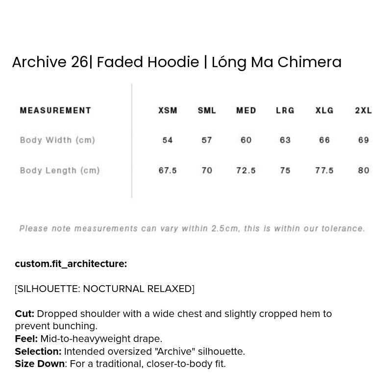 Measurement chart for a 'Faded Hoodie' by Lóng Ma Chimera with size details.