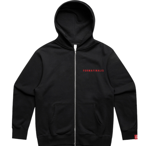 FF Capsule Zip Hoodie in Black — heavyweight 400 GSM fleece with no-drawcord hood and tonal ribbing.  2-way YKK zipper, tail of embroidered FormaFinalis wordmark on left chest, FF tiger logo patch on sleeve cuff