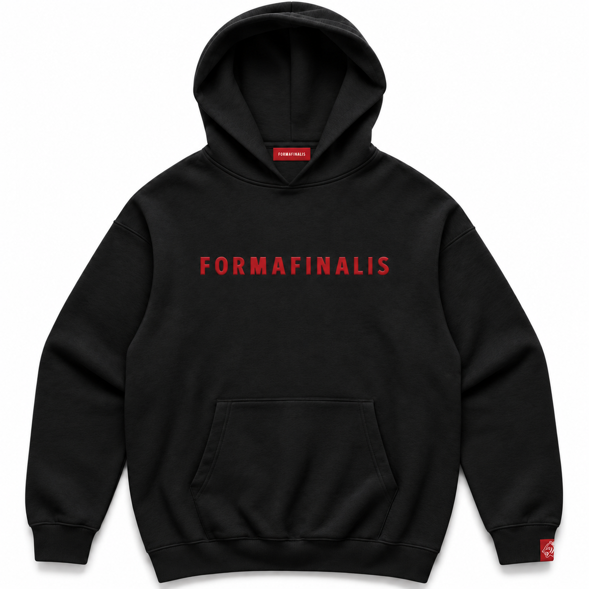 Black FF Capsule heavyweight cotton hoodie with red embroidered FormaFinalis wordmark, kangaroo pocket and FF tiger sleeve label. Large hood.french terr 500gsm.