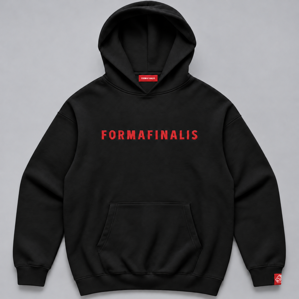 Black FF Capsule heavyweight cotton hoodie with red embroidered FormaFinalis wordmark, kangaroo pocket and FF tiger sleeve label. Large hood.french terr 500gsm.