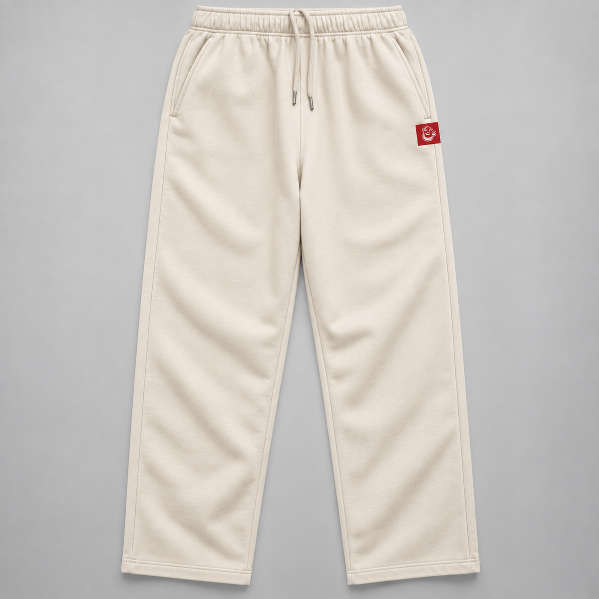 FormaFinalis FF Capsule Relaxed Cuffless Joggers in Bone, 320 GSM Cotton and Recycled Polyester, soft fleece inner lining, relaxed fit falling clean from hip to hem, with elastic waistband and tonal drawcord. Discreet FF embroided logo on front pocket.