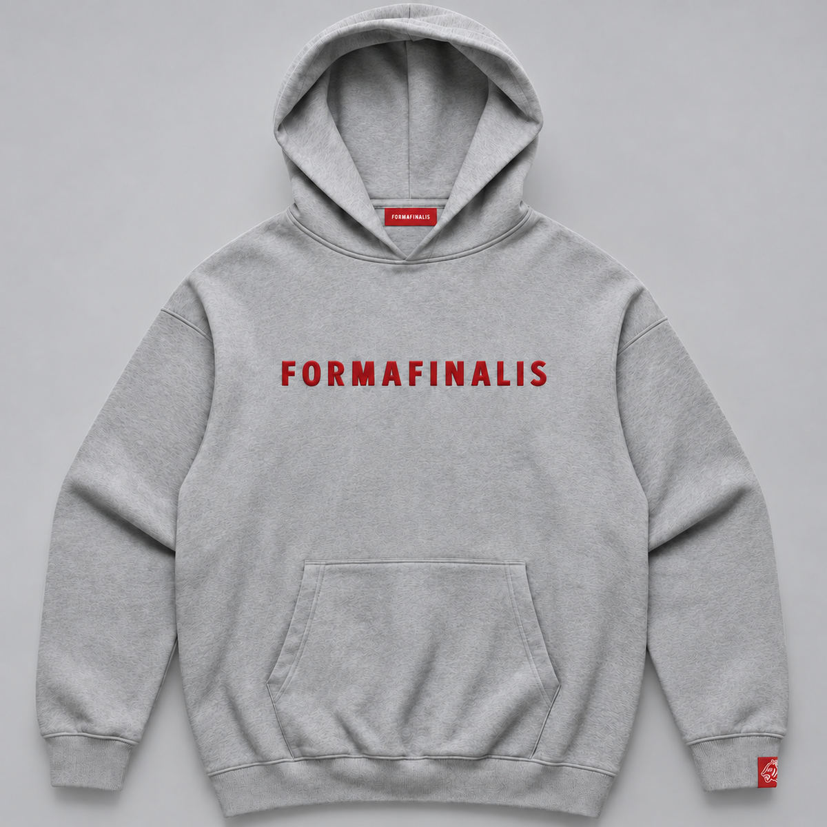 heather grey FF Capsule heavyweight cotton hoodie with red embroidered FormaFinalis wordmark, kangaroo pocket and FF tiger sleeve label. Large hood.french terr 500gsm.