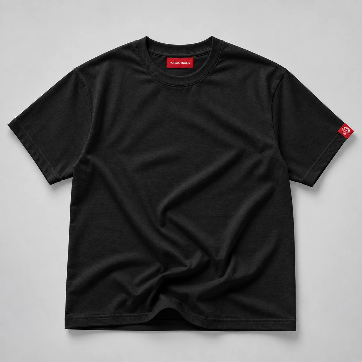 Black FormaFinalis FF Capsule heavyweight organic cotton T-shirt in 220 GSM fabric, with a red embroidered FF tiger logo tag on the left sleeve.