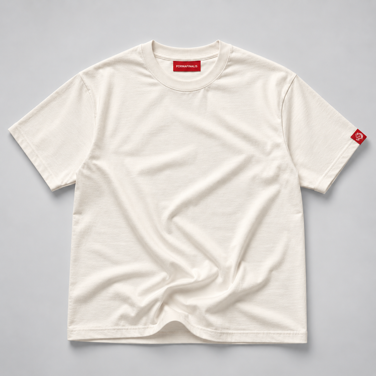 Natural FormaFinalis FF Capsule heavyweight organic cotton T-shirt in 220 GSM fabric, with a red embroidered FF tiger logo tag on the left sleeve.