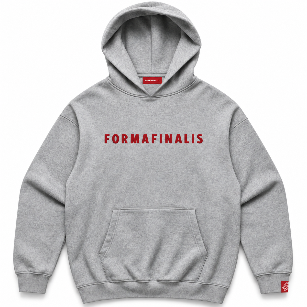 Heather grey FF Capsule heavyweight cotton hoodie with red embroidered FormaFinalis wordmark, kangaroo pocket and FF tiger sleeve label. Large hood.french terr 500gsm.