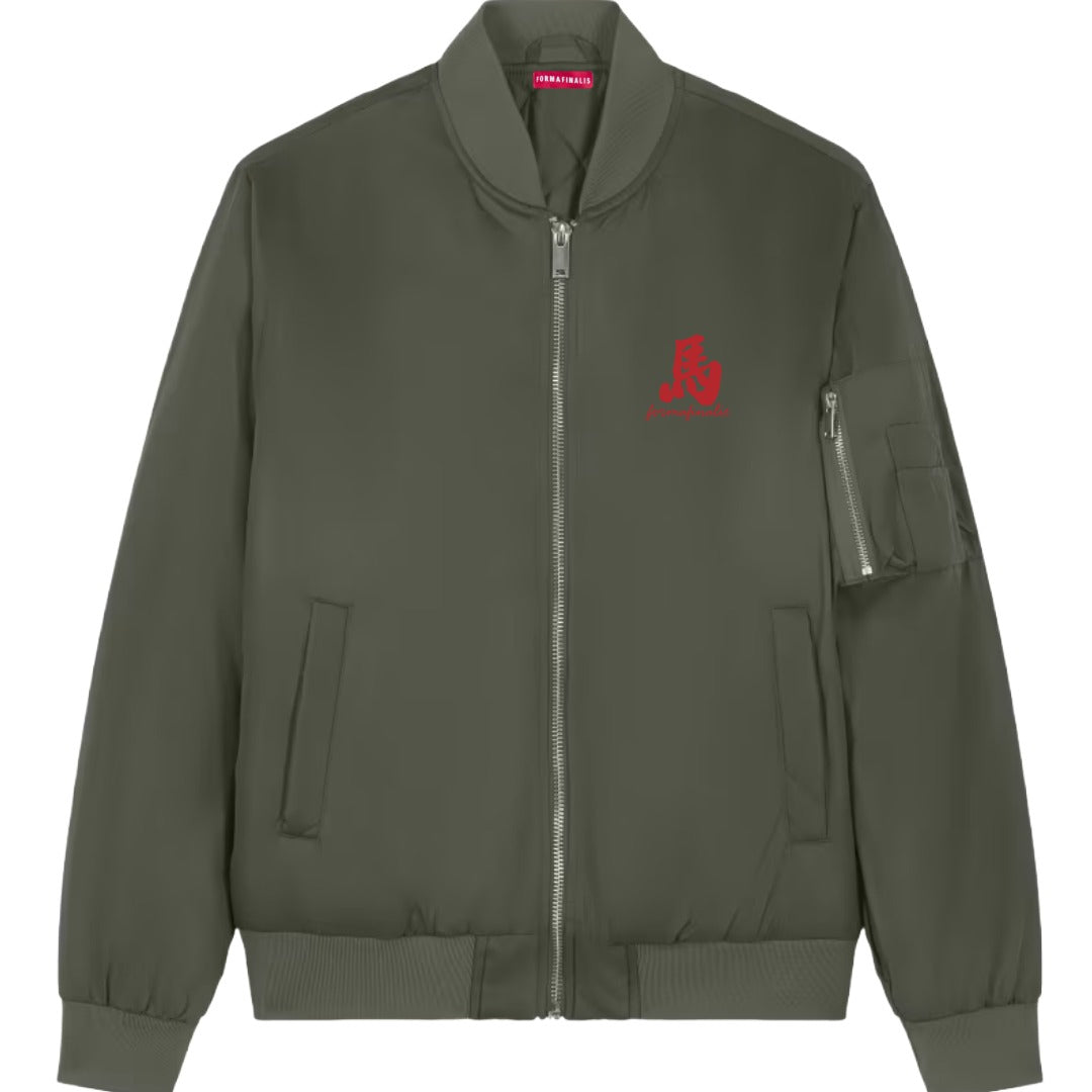ArchivE 26 Chimera Bomber in Khaki Green, front view with red 馬 /FormaFinalis word mark embroidery