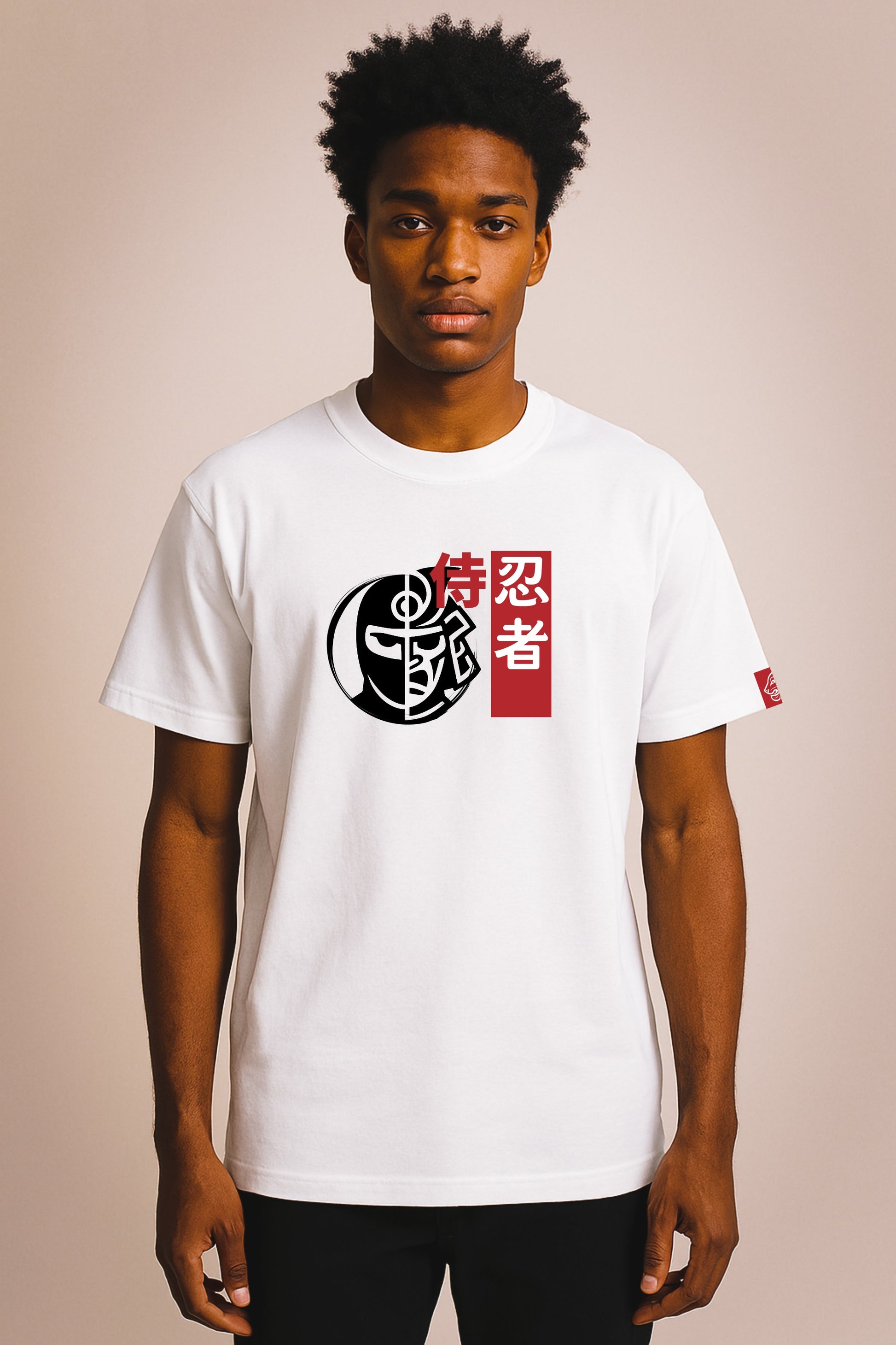 Person wearing a heavy weight white cotton tee-shirt with a graphic  Samurai/ ninja design.